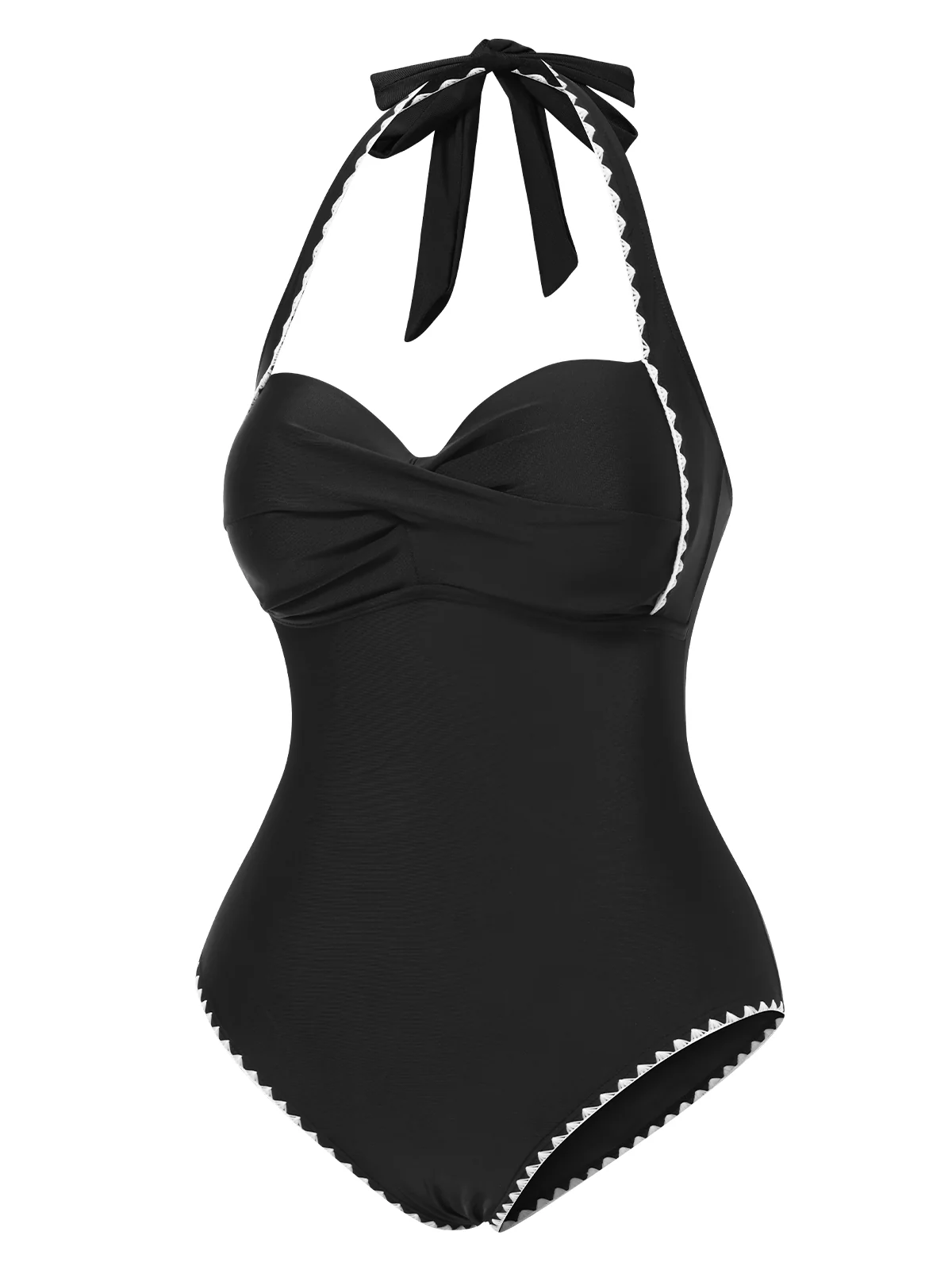 Black 1950s Halter Scallop-Trim One-Piece Swimsuit - Image 3