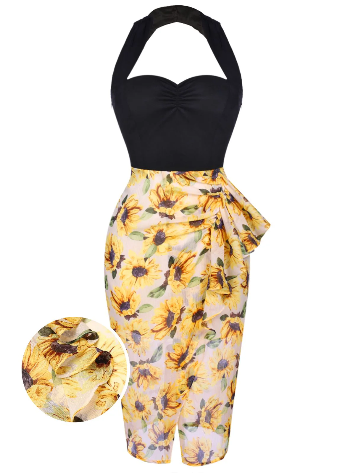 Black 1960s Halter Sunflower Pencil Dress - Image 7