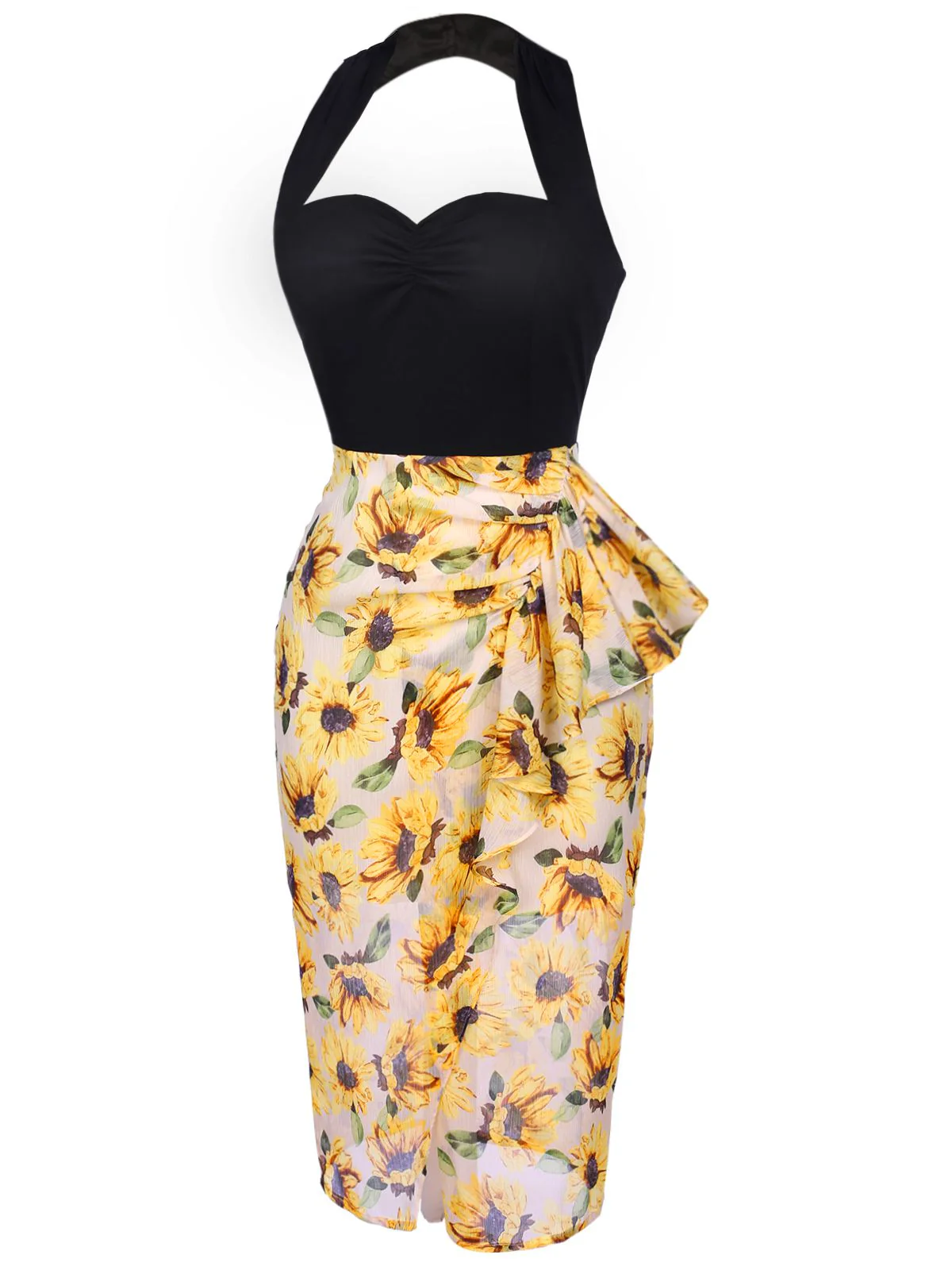 Black 1960s Halter Sunflower Pencil Dress - Image 9
