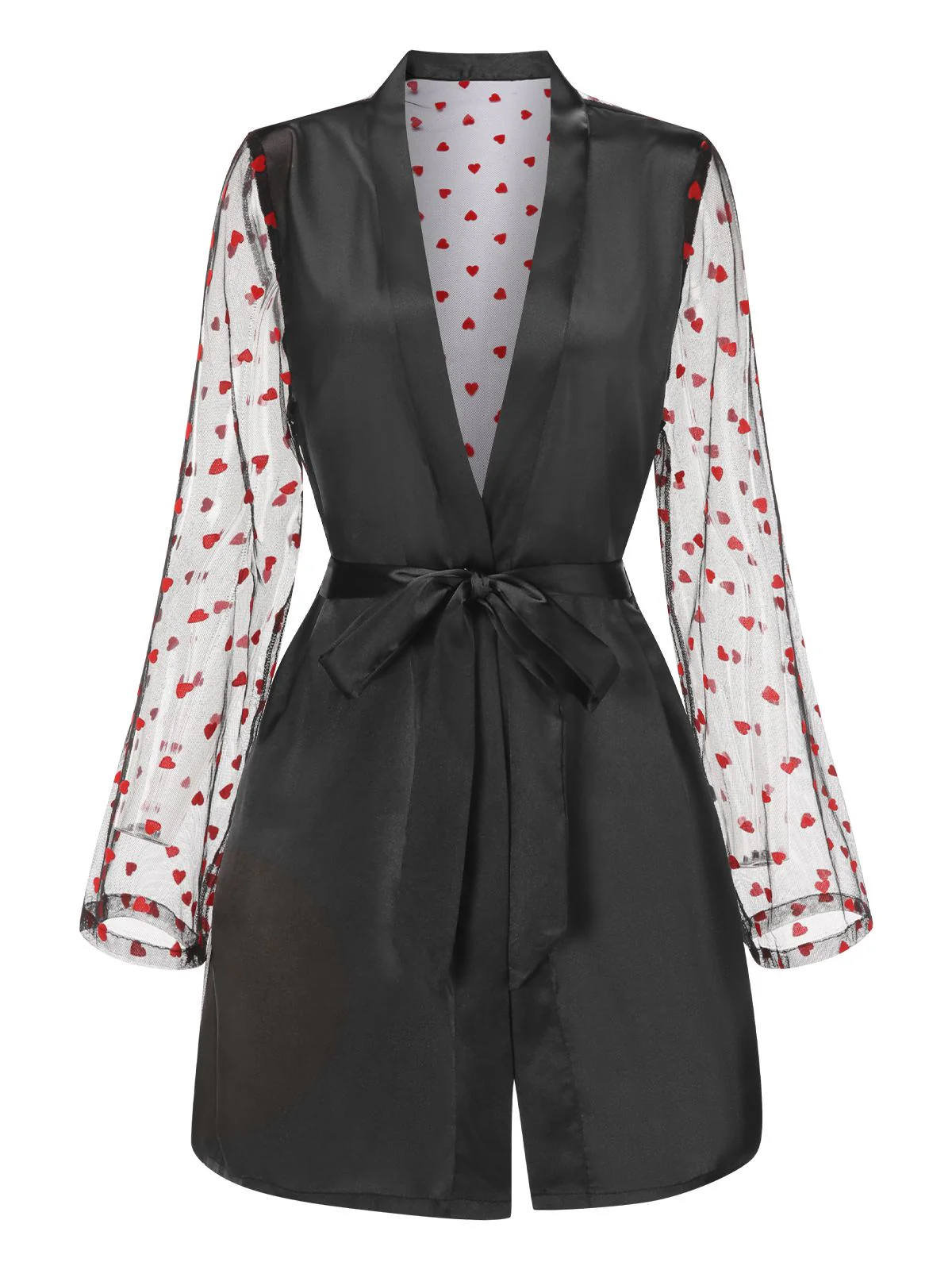 Black 1950s Hearts Dots Mesh Satin Sleep Robe - Image 2