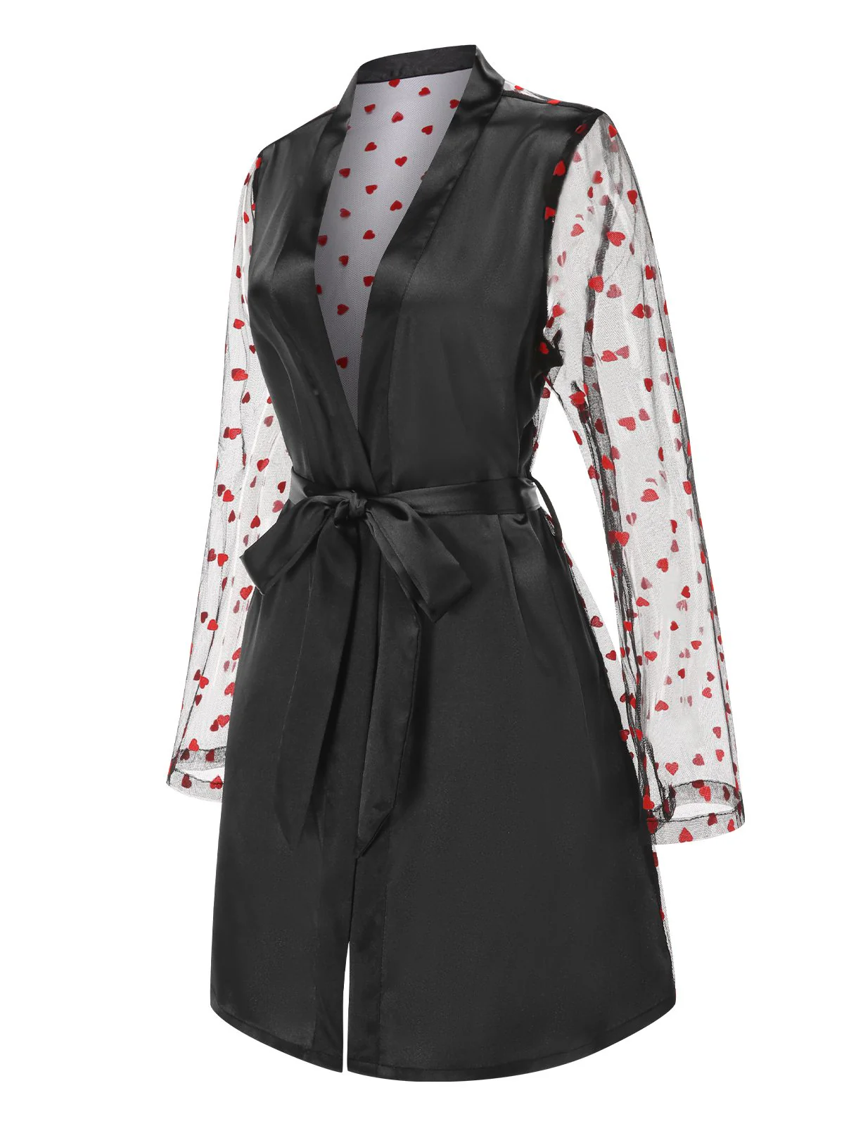 Black 1950s Hearts Dots Mesh Satin Sleep Robe - Image 3