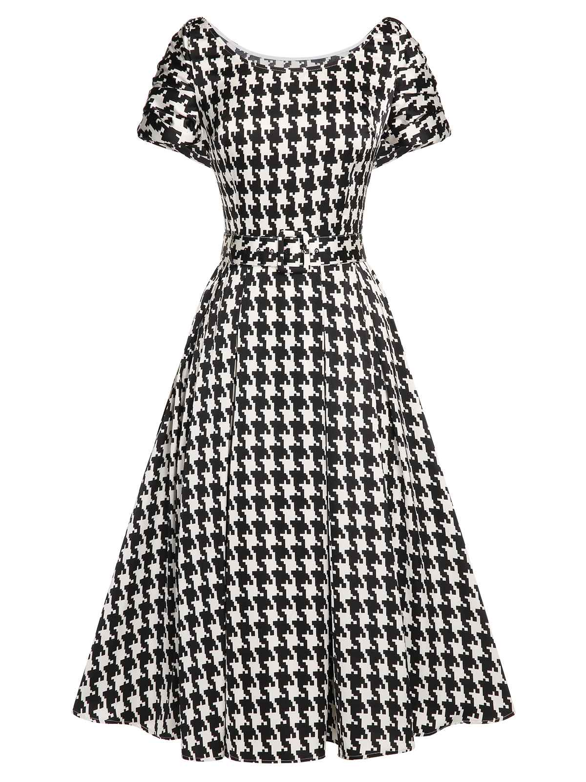 Black 1950s Houndstooth Short Sleeve Belted Dress - Image 2