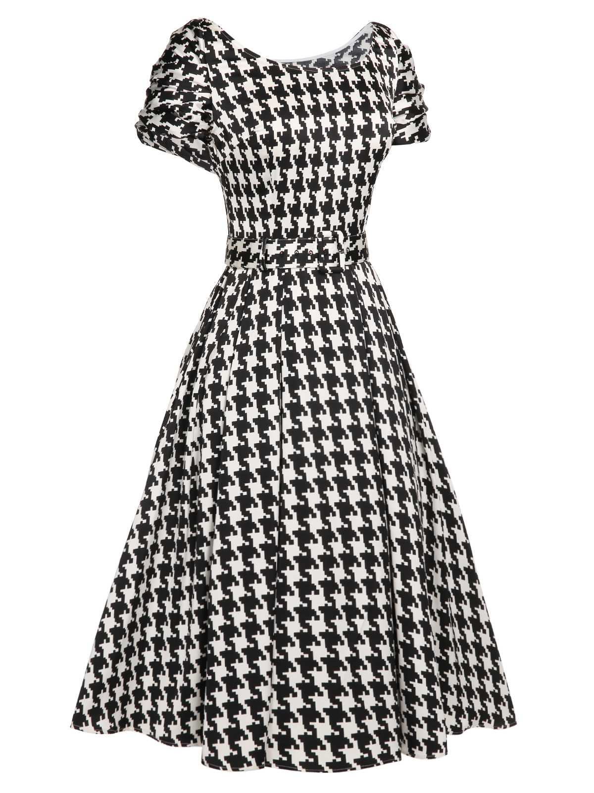 Black 1950s Houndstooth Short Sleeve Belted Dress - Image 3