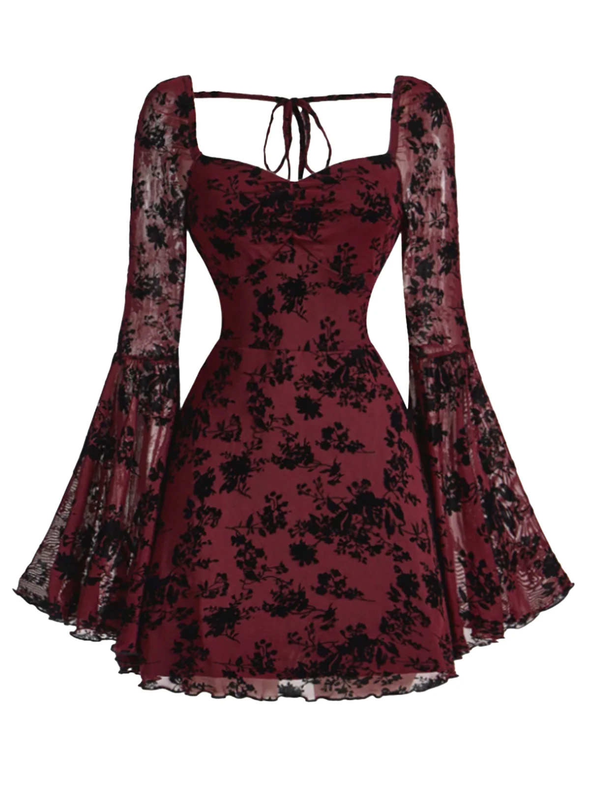 Black 1950s Lace Floral Bishop Sleeves Dress - Image 5
