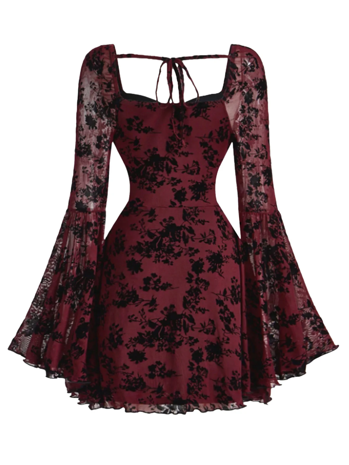 Black 1950s Lace Floral Bishop Sleeves Dress - Image 6