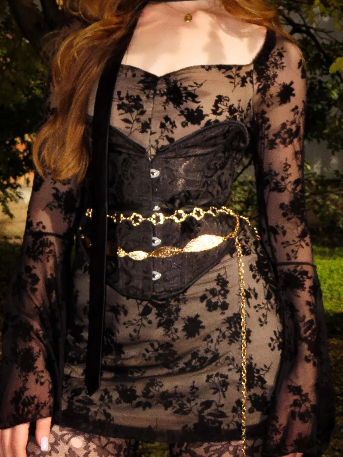 Black 1950s Lace Floral Bishop Sleeves Dress - Image 2
