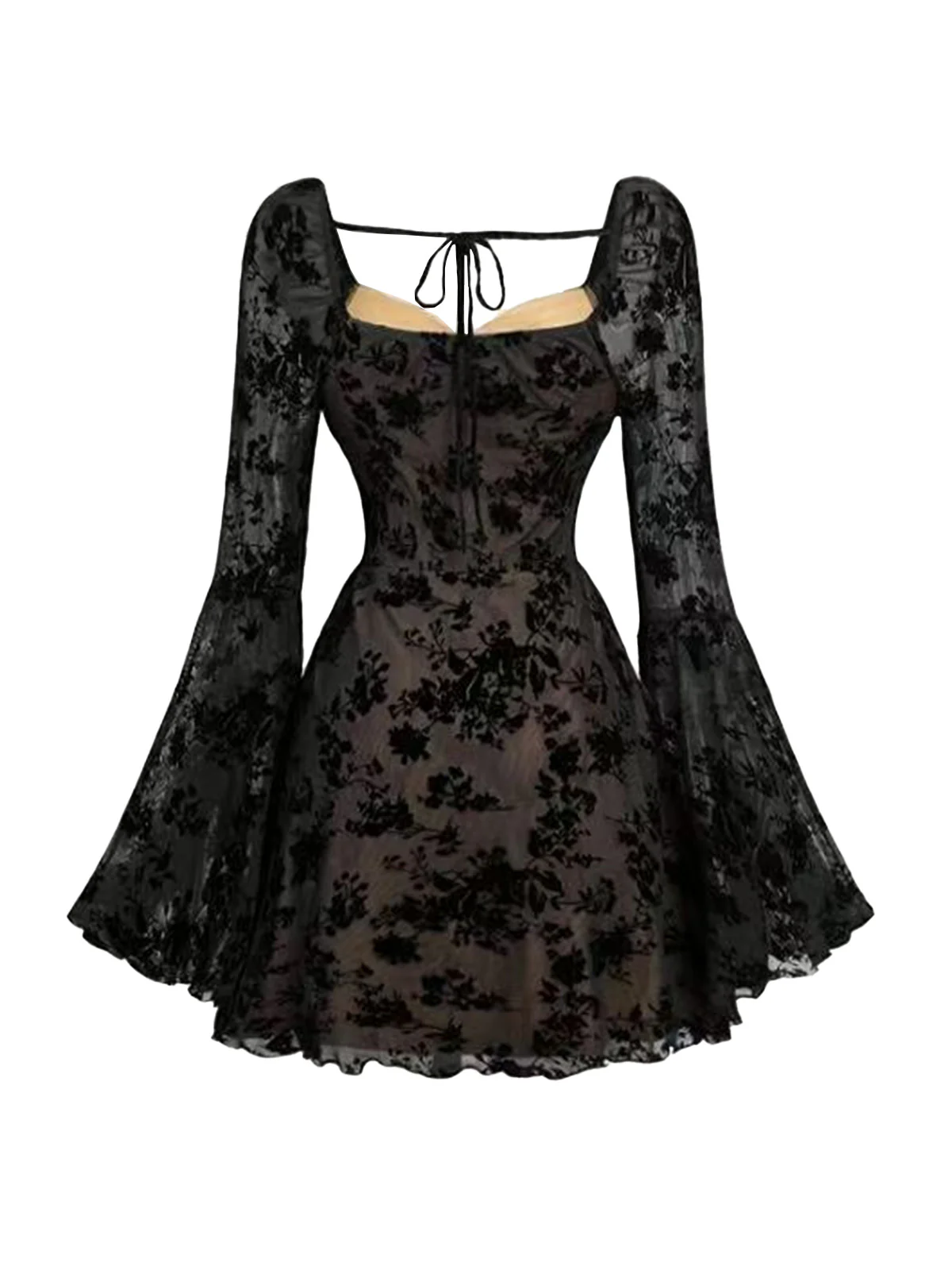Black 1950s Lace Floral Bishop Sleeves Dress - Image 2