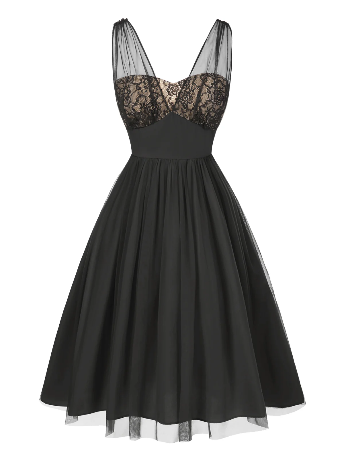 Black 1950s Lace Floral Mesh Swing Dress - Image 2