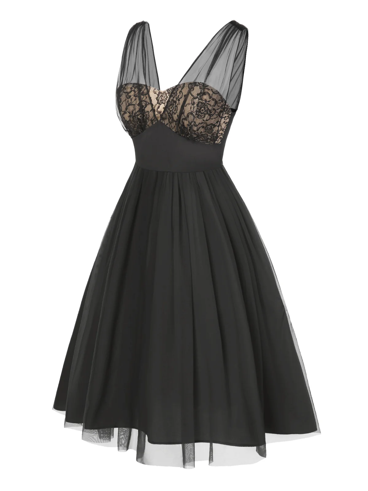 Black 1950s Lace Floral Mesh Swing Dress - Image 3