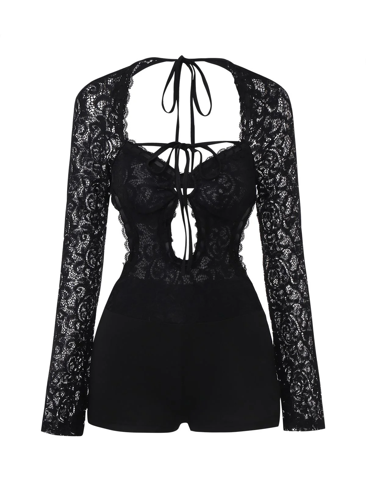 Black 1950s Lace Long Sleeve Cutout Bodysuit Romper - Image 2