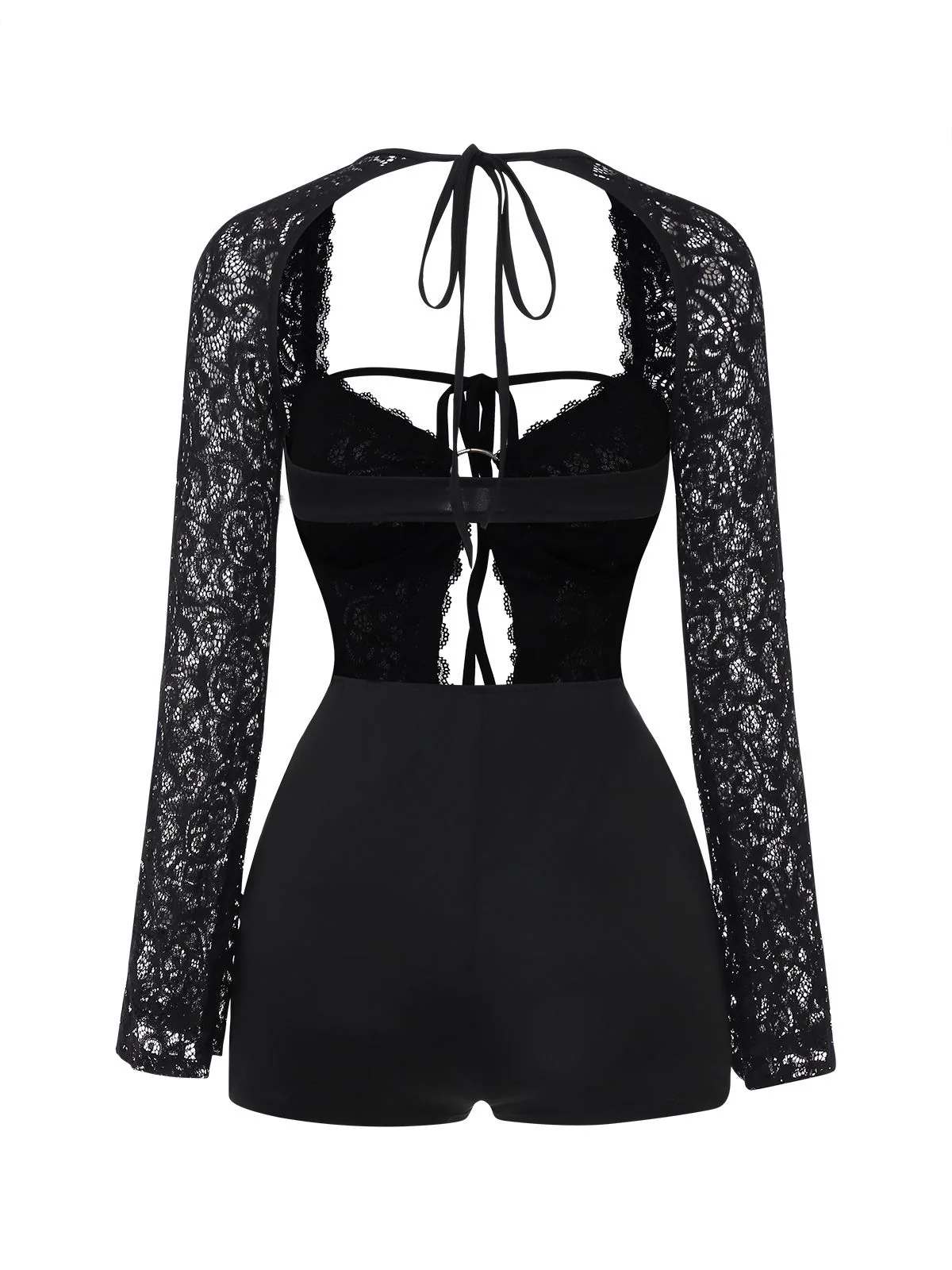 Black 1950s Lace Long Sleeve Cutout Bodysuit Romper - Image 3