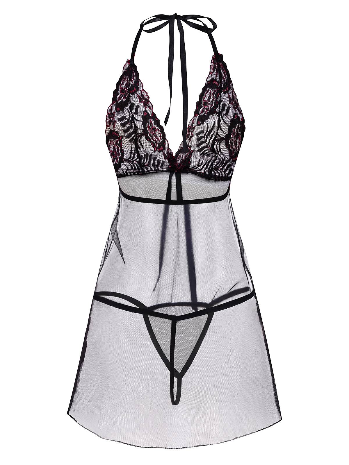 Black 1950s Lace-Up Halter Embroidered Sheer Nightdress - Image 2