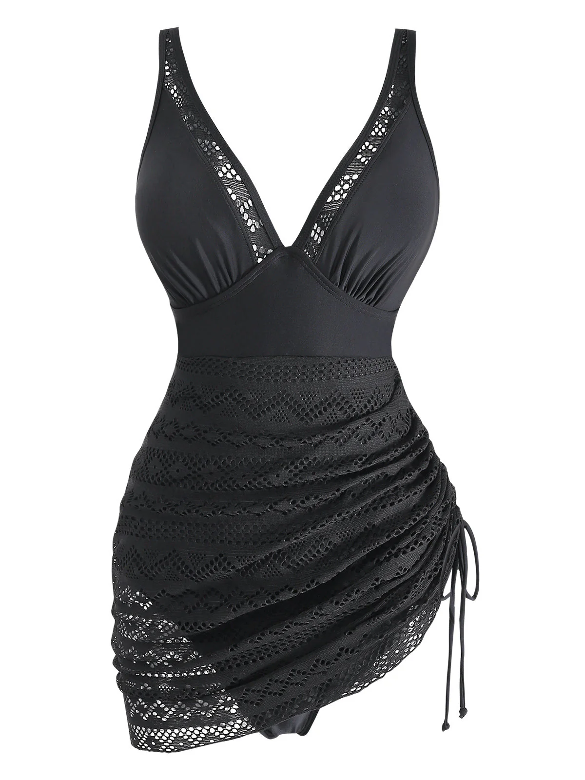 Black 1950s Lace V-Neck Ruched One-Piece Swimsuit - Image 2