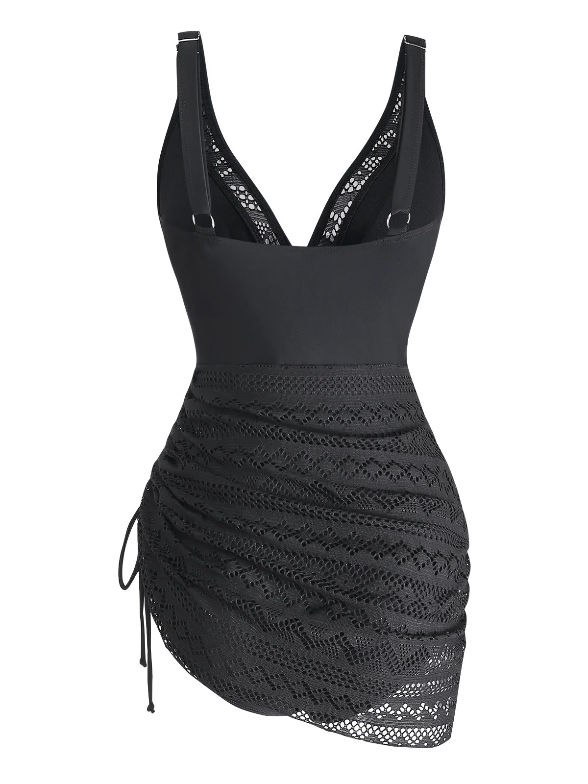 Black 1950s Lace V-Neck Ruched One-Piece Swimsuit - Image 3