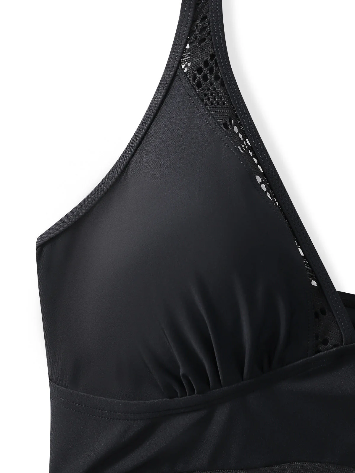 Black 1950s Lace V-Neck Ruched One-Piece Swimsuit - Image 5