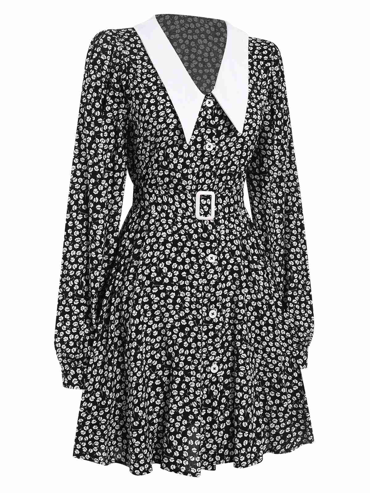 Black 1950s Lapel Lantern Sleeves Ditsy Floral Dress - Image 2
