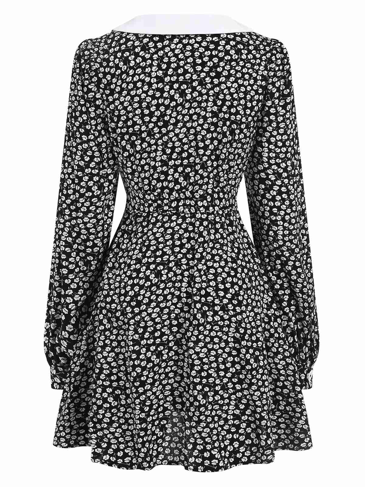 Black 1950s Lapel Lantern Sleeves Ditsy Floral Dress - Image 3