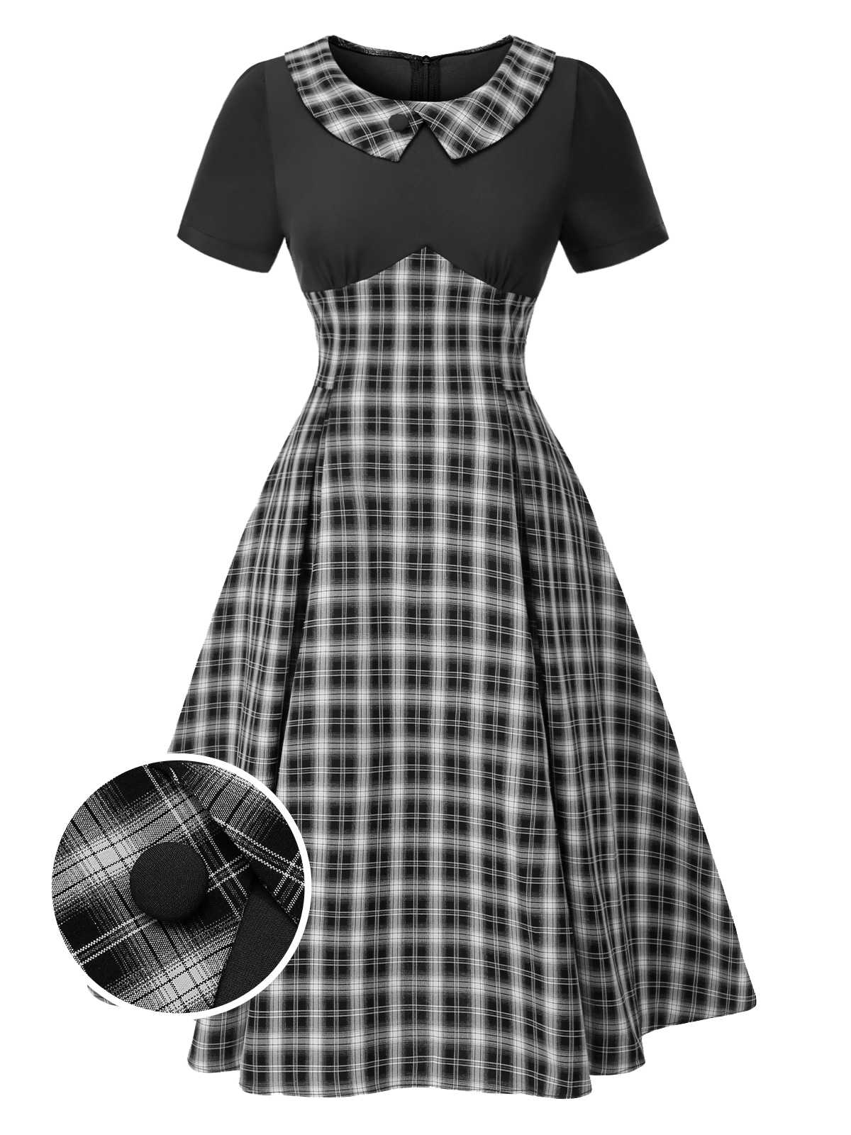 Black 1950s Lapel Pleated Plaid Patchwork Dress - Image 2