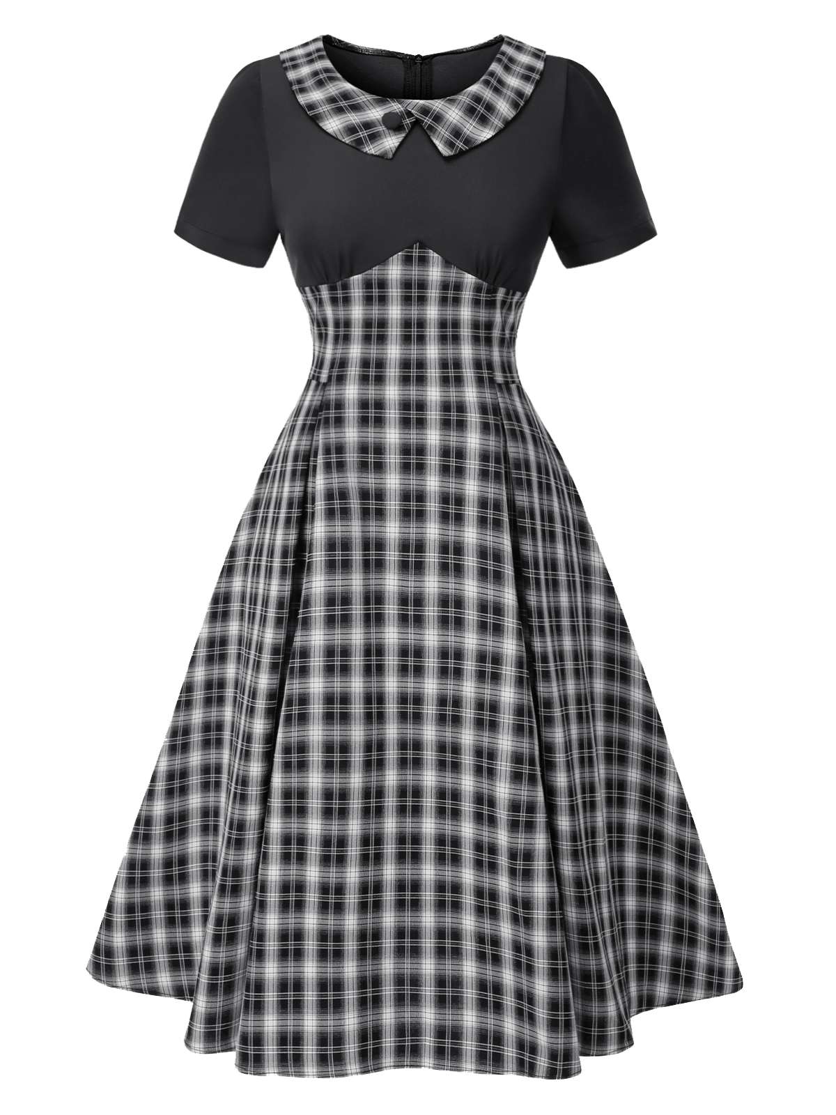 Black 1950s Lapel Pleated Plaid Patchwork Dress - Image 3