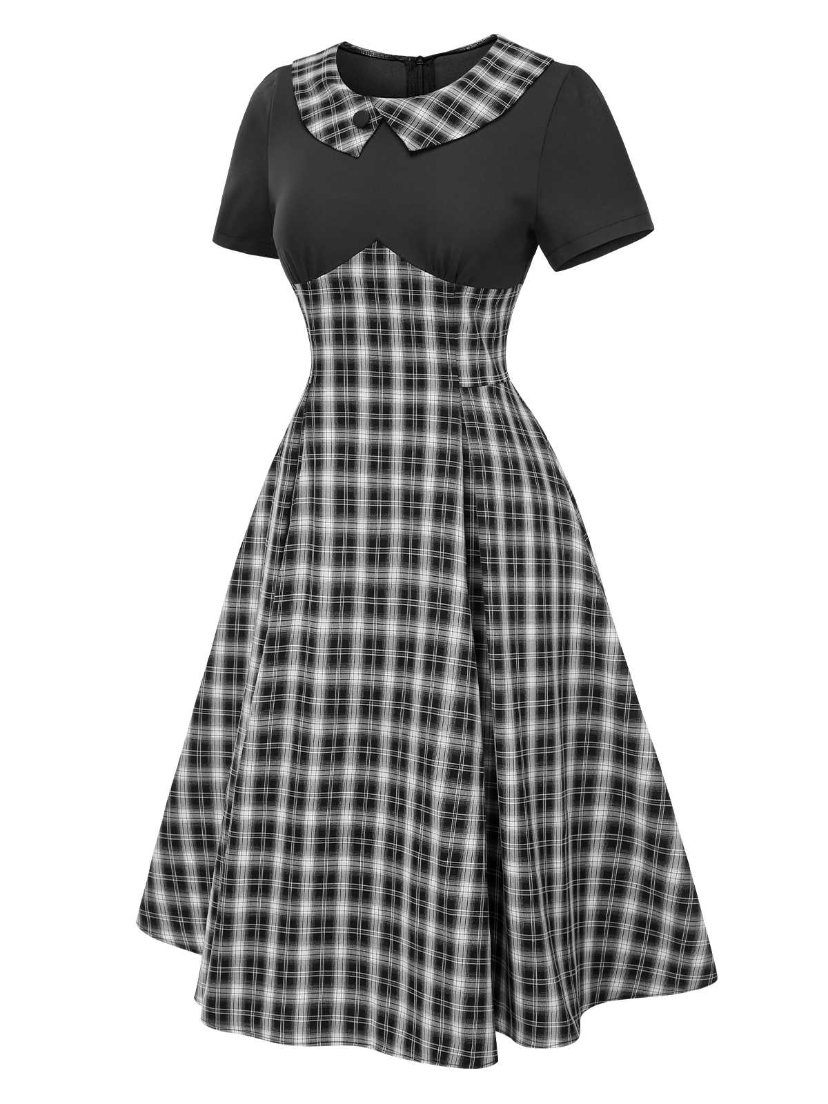 Black 1950s Lapel Pleated Plaid Patchwork Dress - Image 4