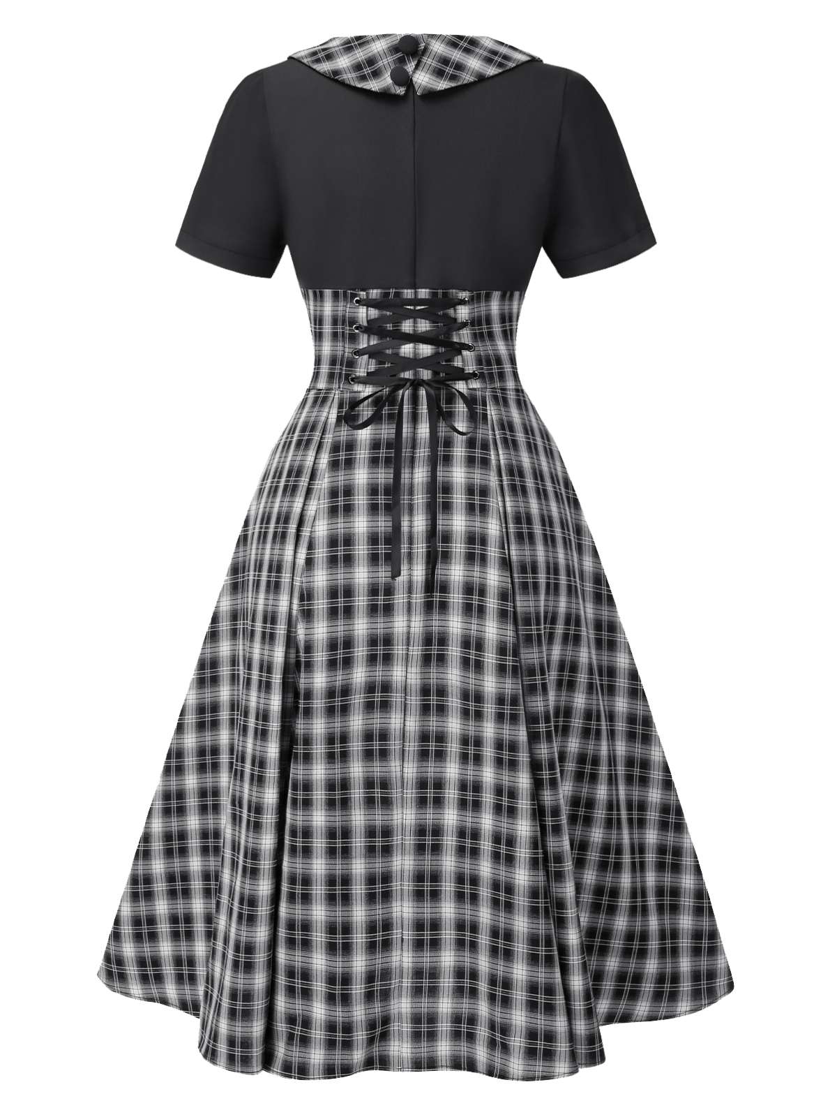 Black 1950s Lapel Pleated Plaid Patchwork Dress - Image 5