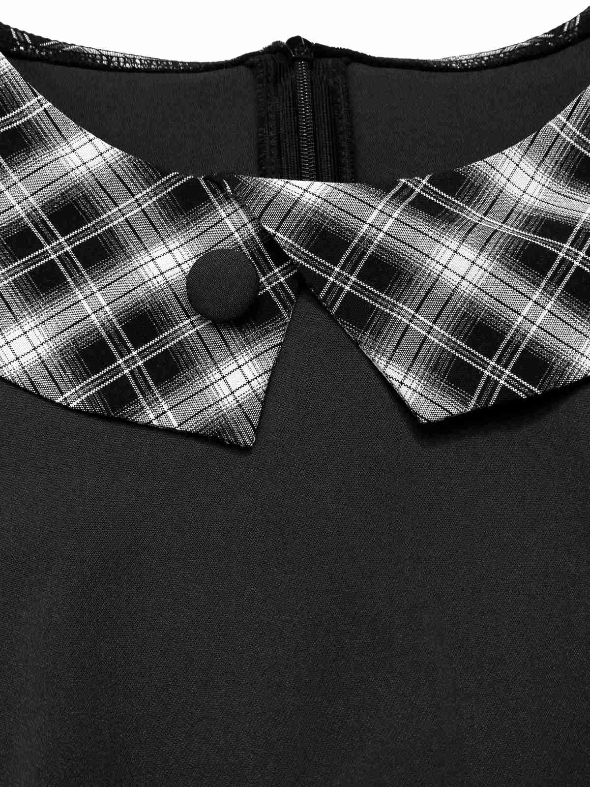 Black 1950s Lapel Pleated Plaid Patchwork Dress - Image 6