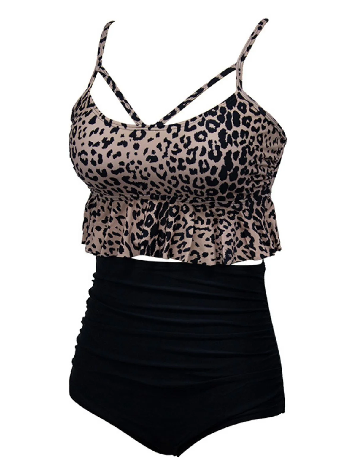 Black 1970s Tummy Control Leopard Ruffled Tankini Set - Image 2