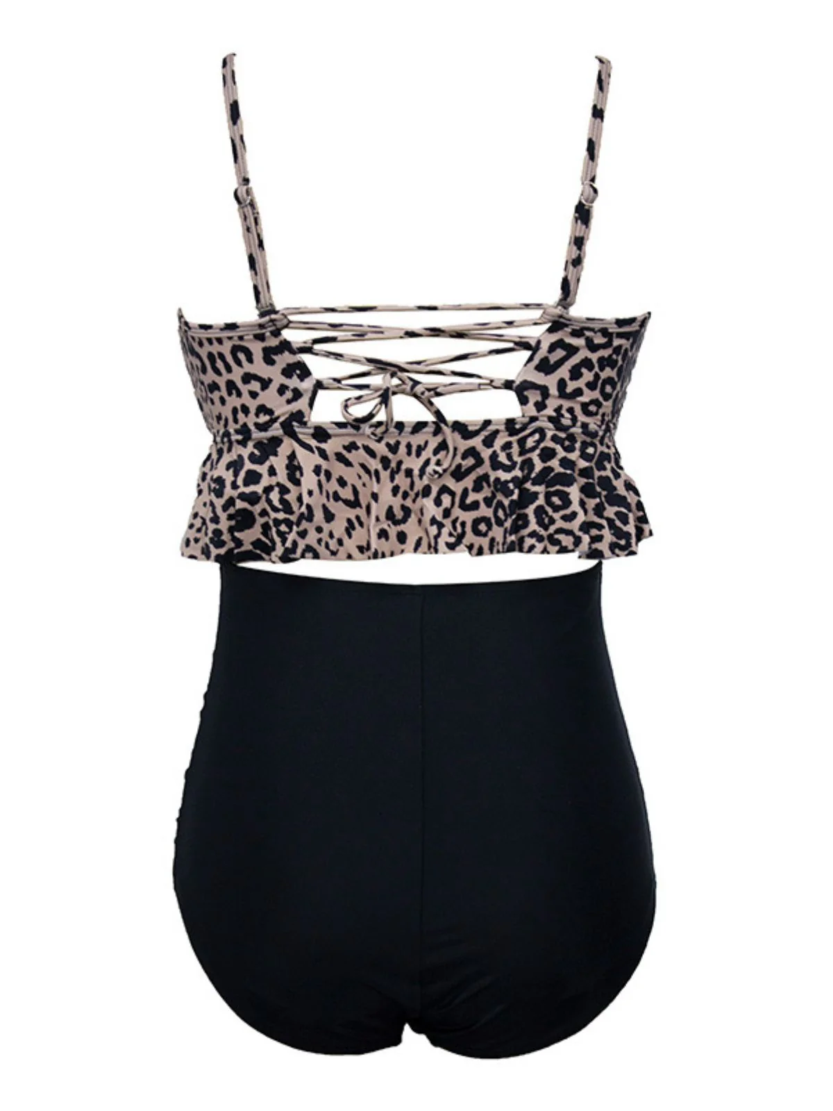 Black 1970s Tummy Control Leopard Ruffled Tankini Set - Image 3