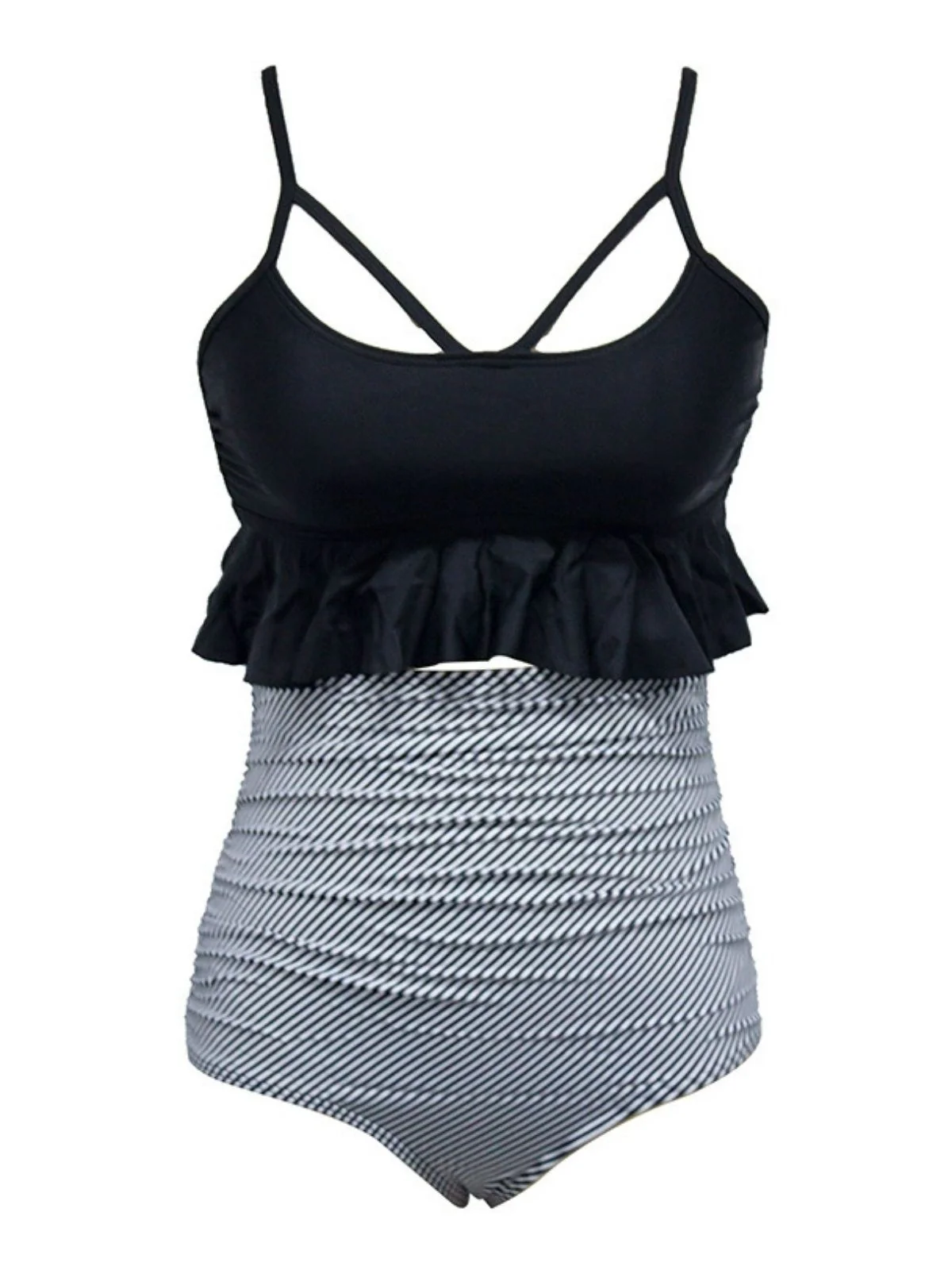 Black 1970s Tummy Control Leopard Ruffled Tankini Set - Image 4