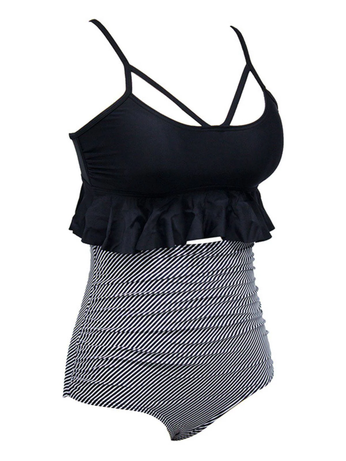 Black 1970s Tummy Control Leopard Ruffled Tankini Set - Image 5