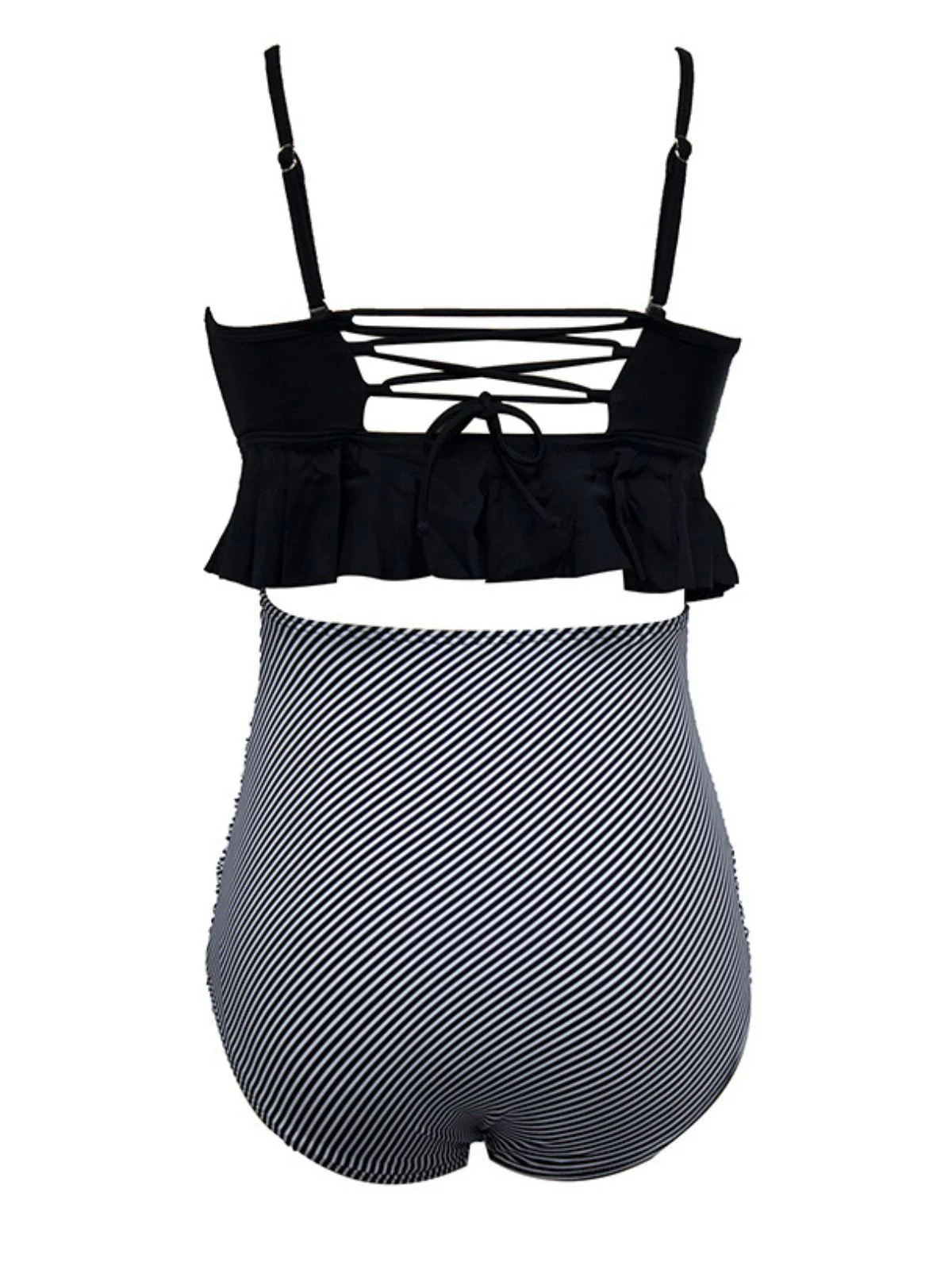 Black 1970s Tummy Control Leopard Ruffled Tankini Set - Image 6