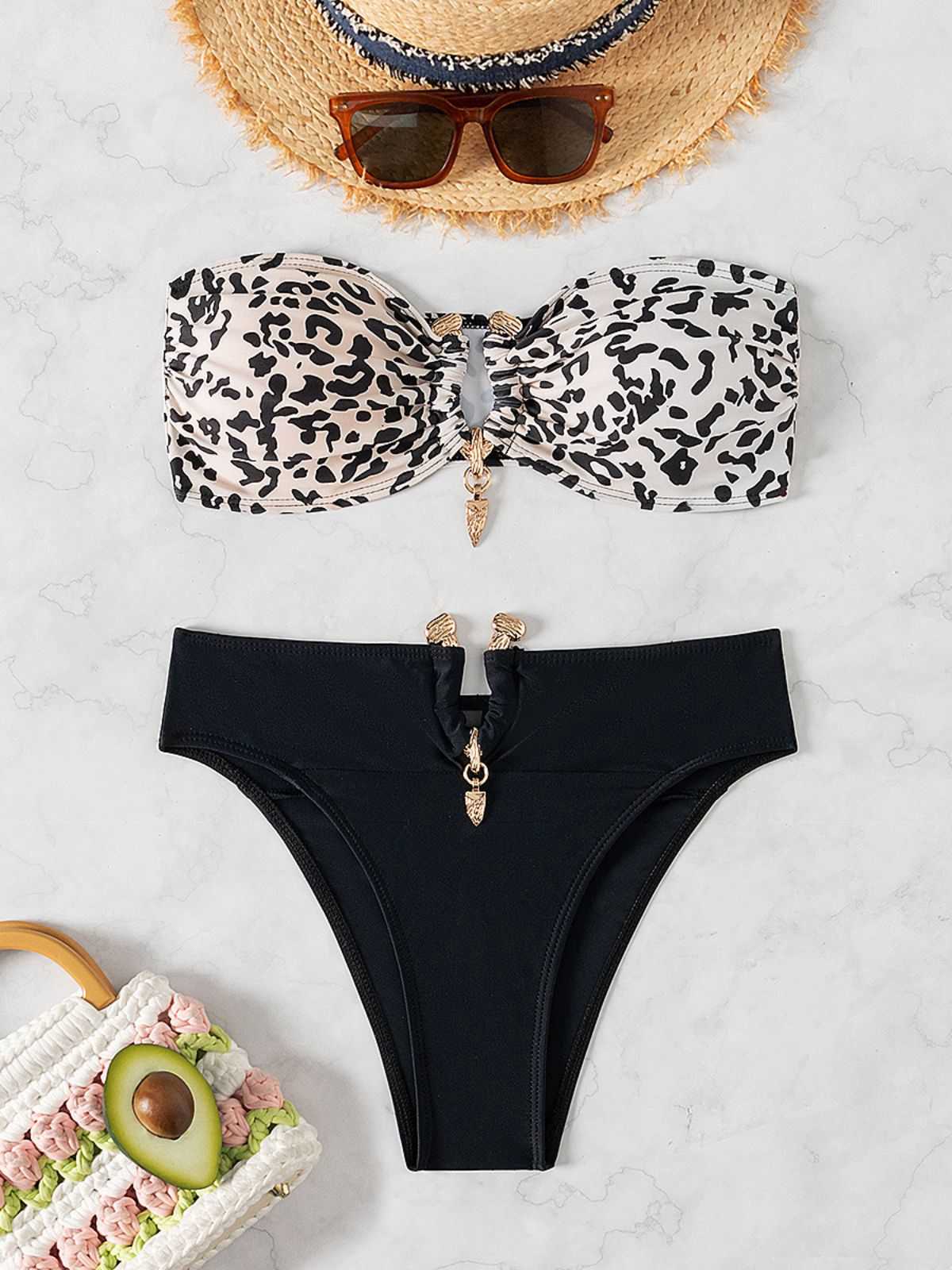Black 1970s Leopard Metal Button Strapless Swimsuit - Image 3