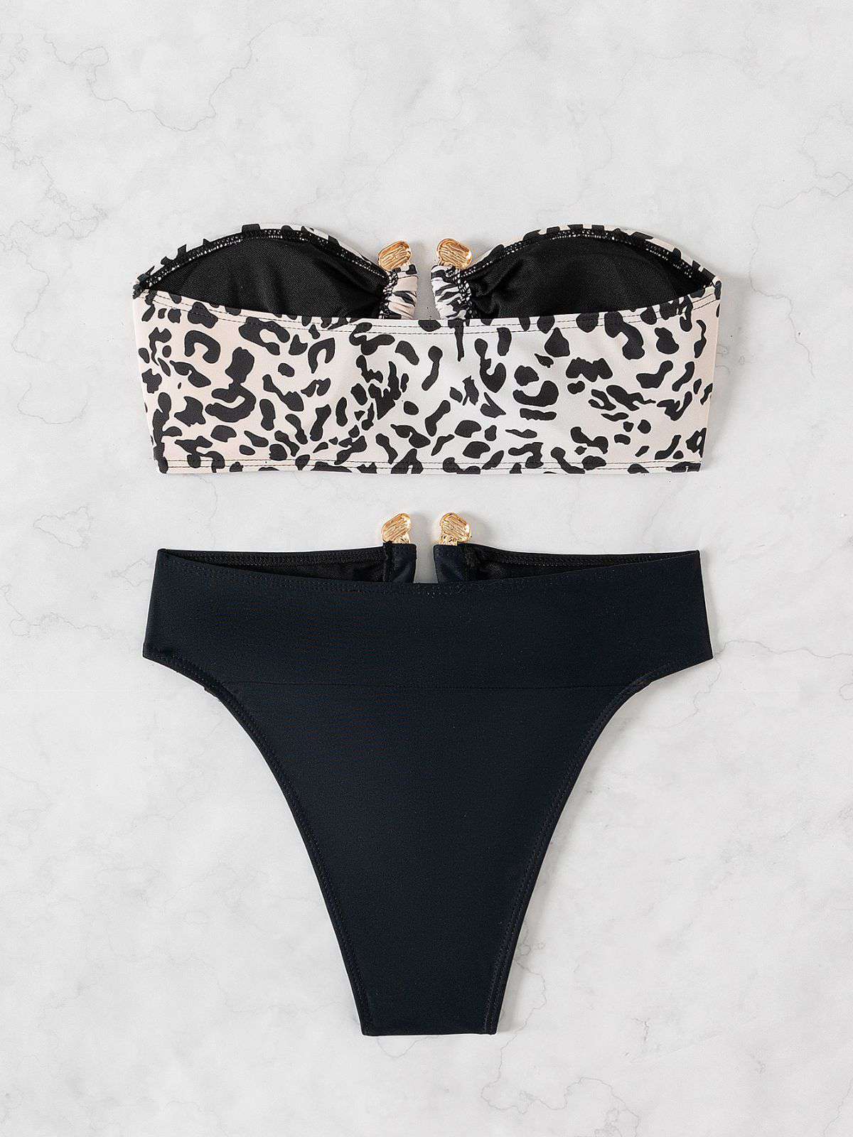 Black 1970s Leopard Metal Button Strapless Swimsuit - Image 4
