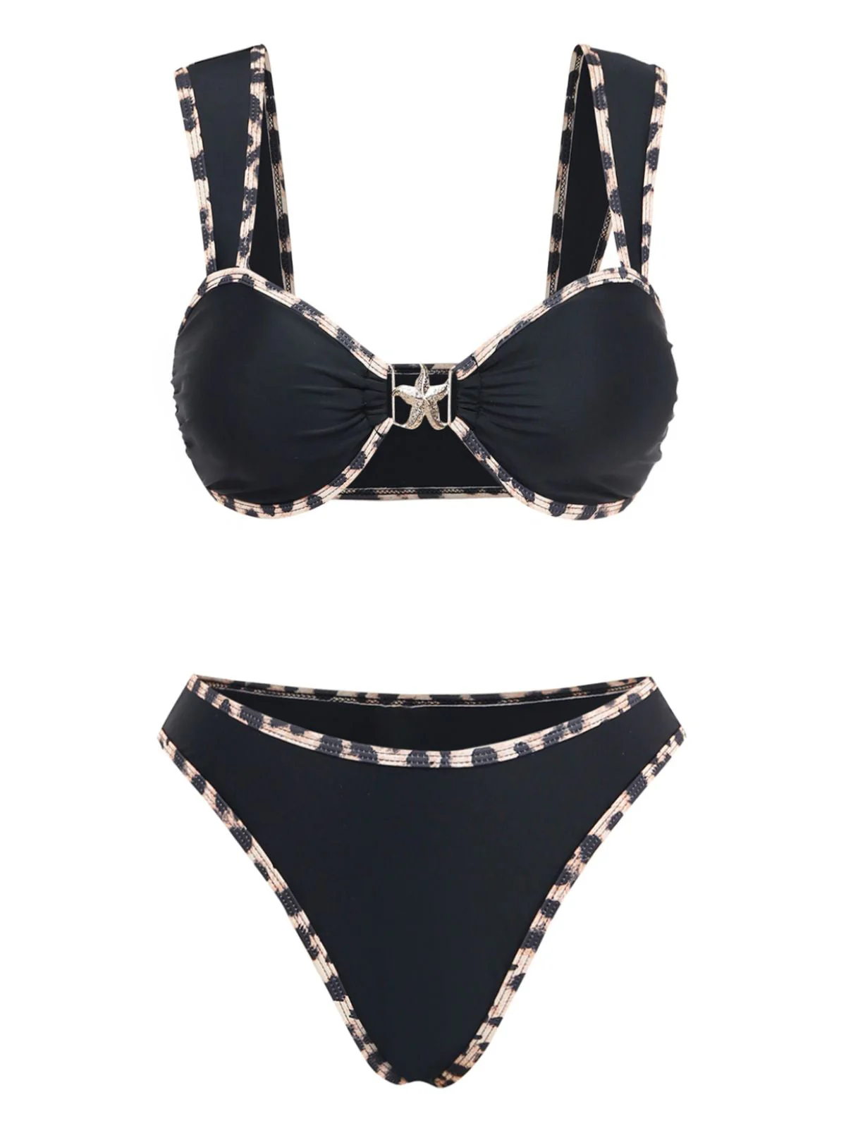 Black 1950s Leopard Trim Metal Starfish Bikini Set - Image 2