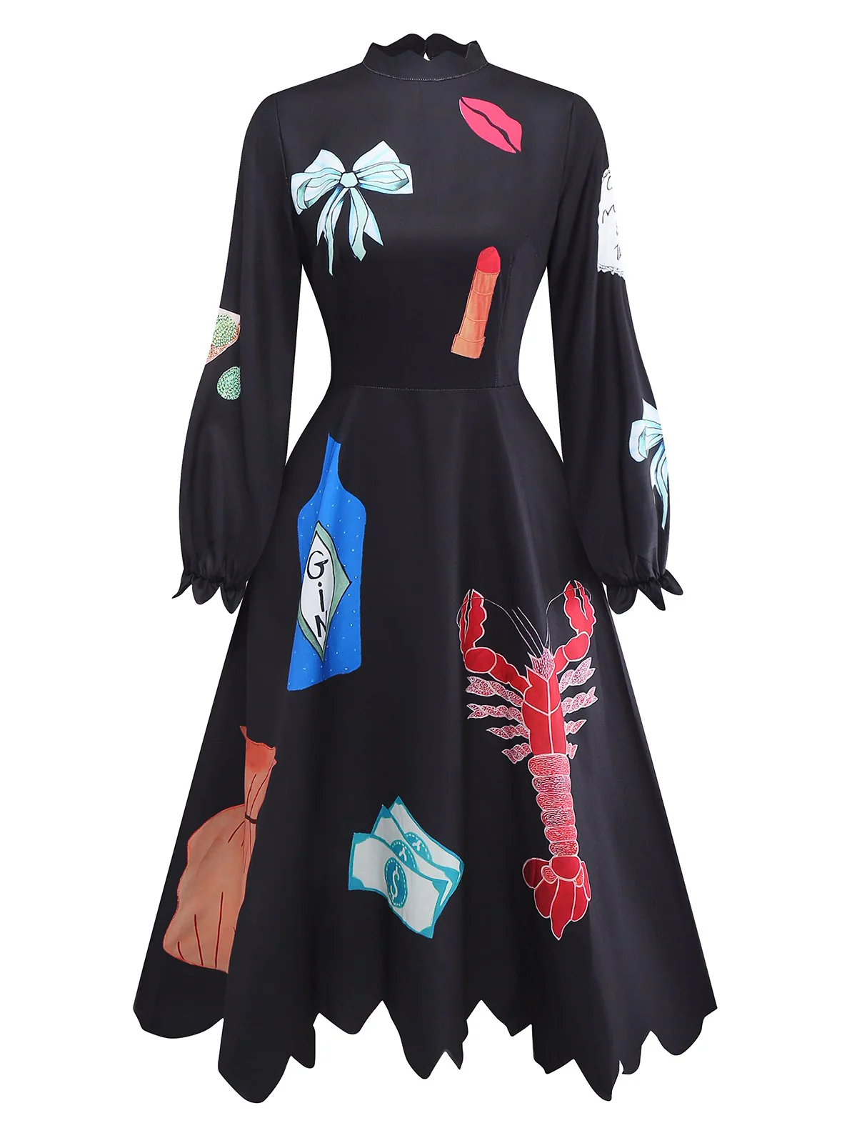Black 1950s Lobster Zigzag Neck Lantern Sleeve Dress - Image 2