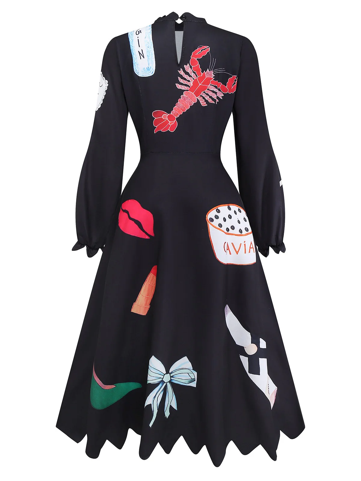 Black 1950s Lobster Zigzag Neck Lantern Sleeve Dress - Image 3