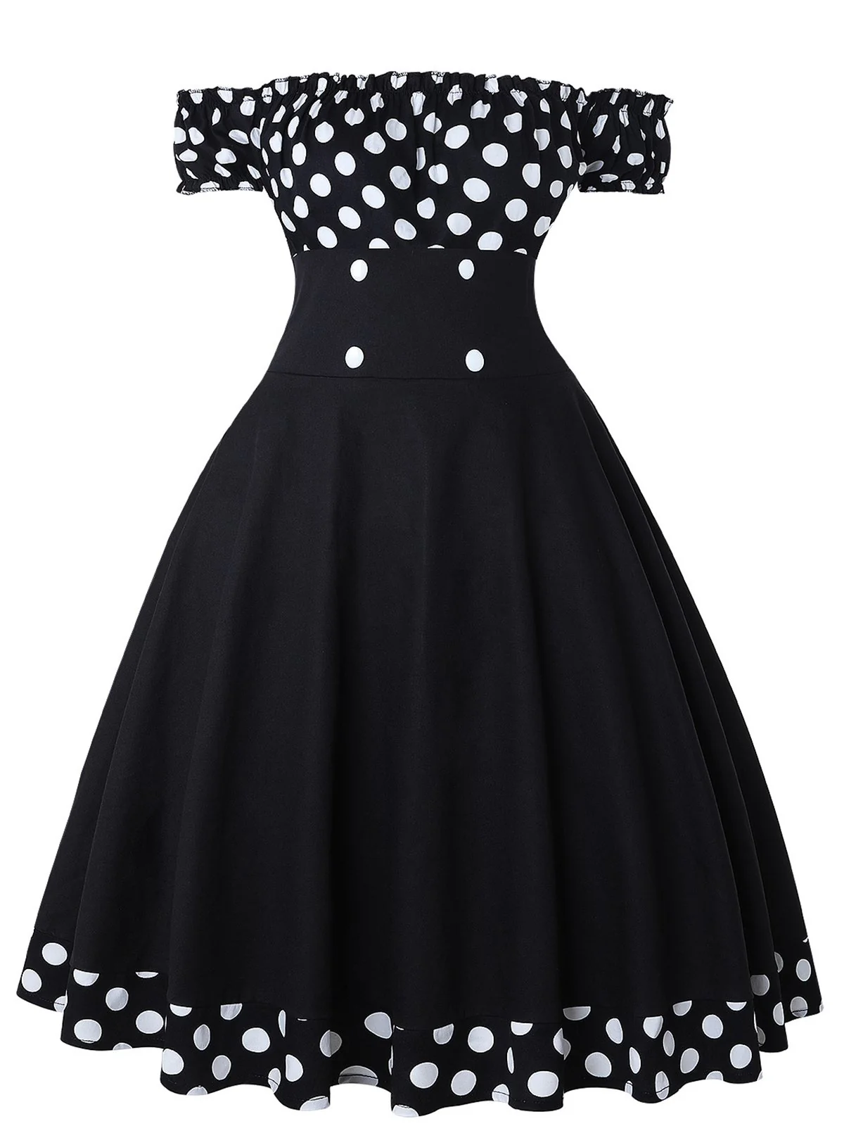 Black 1950s Off Shoulder Polka Dots Dress With Accessories Set - Image 2