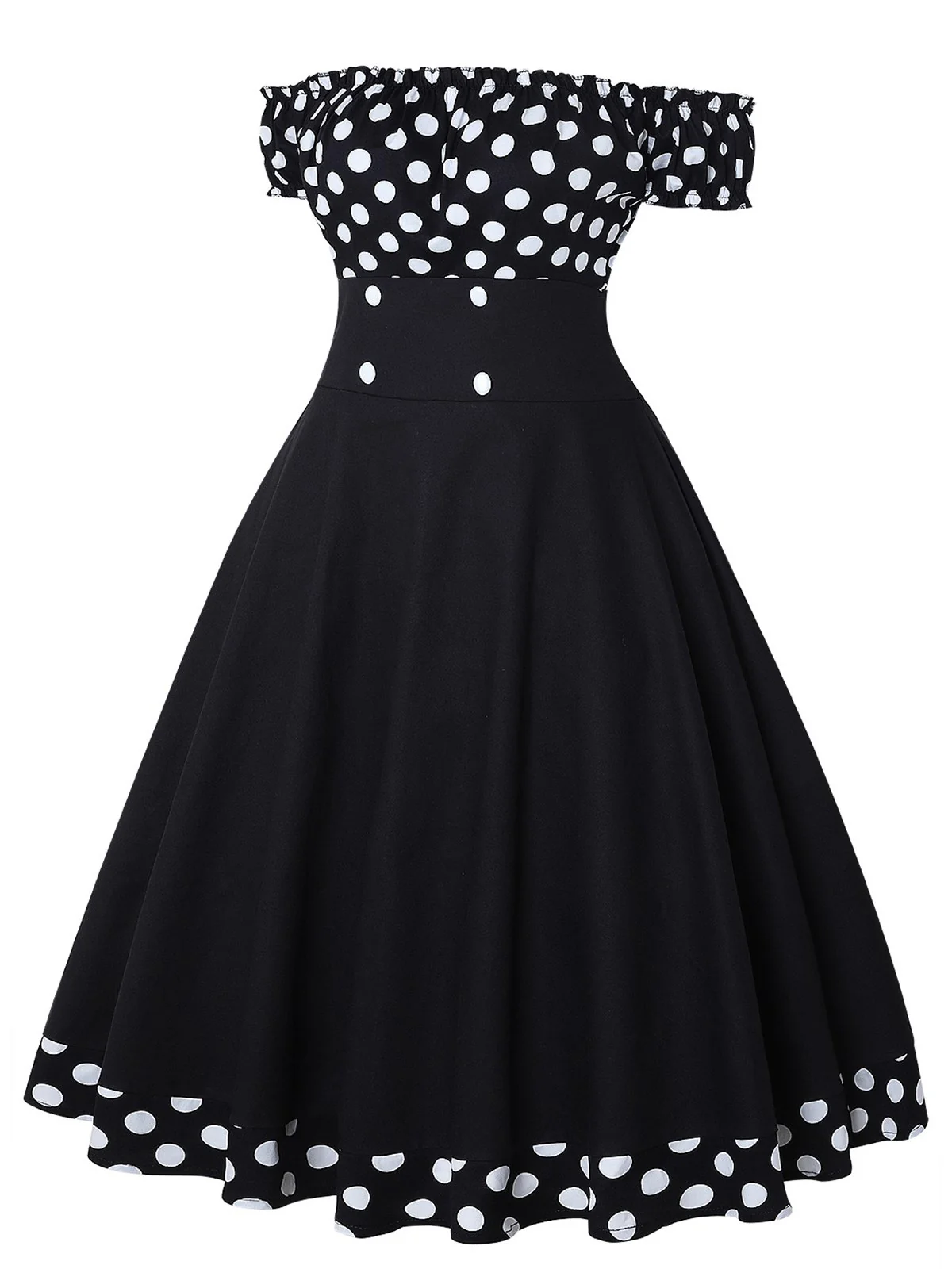 Black 1950s Off Shoulder Polka Dots Dress With Accessories Set - Image 3