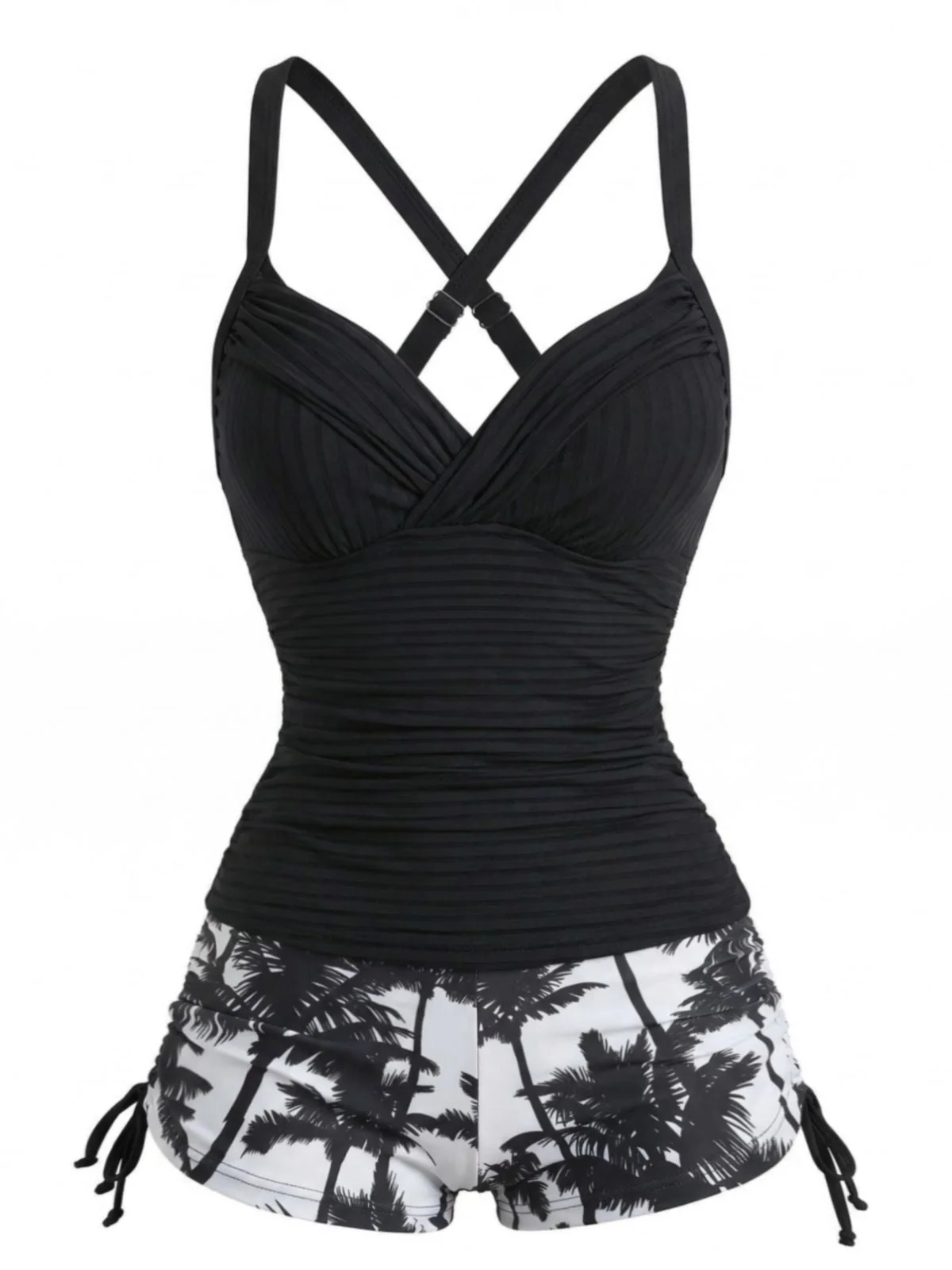 Black 1950s Palm Tree Drawstring Ruched Tankini Set - Image 2
