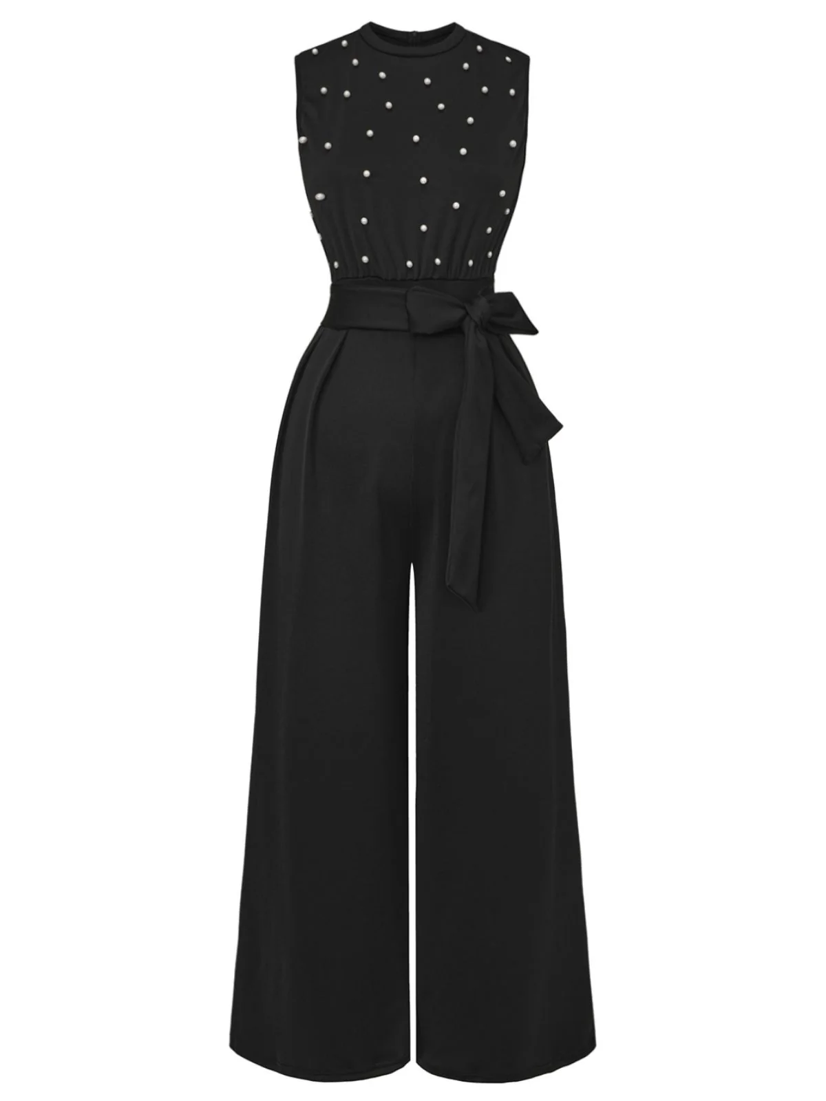 Black 1950s Pearl Beading Bow Belt Jumpsuit - Image 2