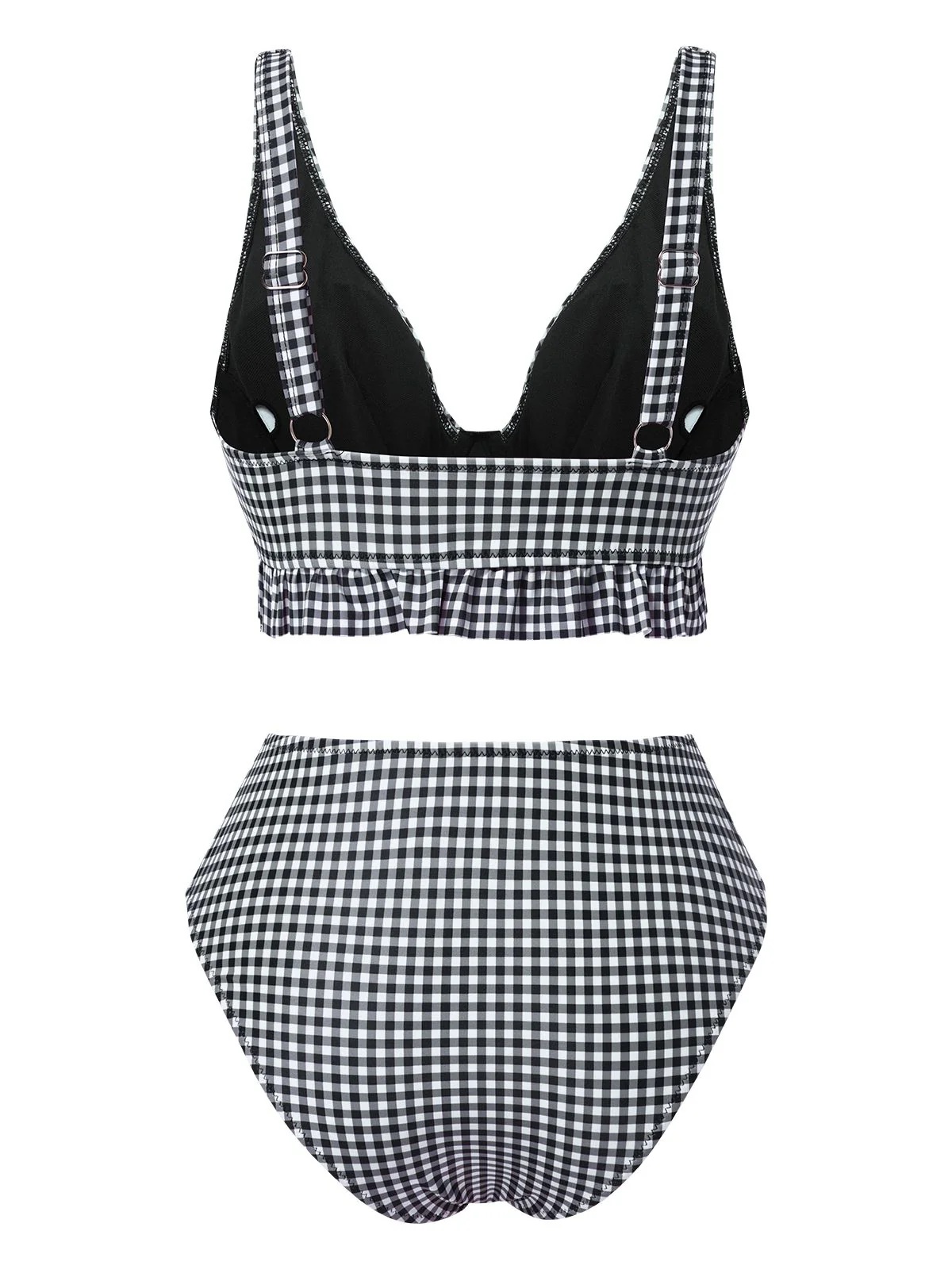 Black 1950s Plaid Deep V-Neck Ruffled Bikini Set - Image 2