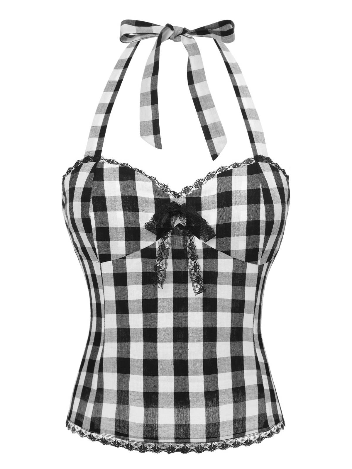 Black 1950s Plaid Halter Lace Bow Top - Image 2
