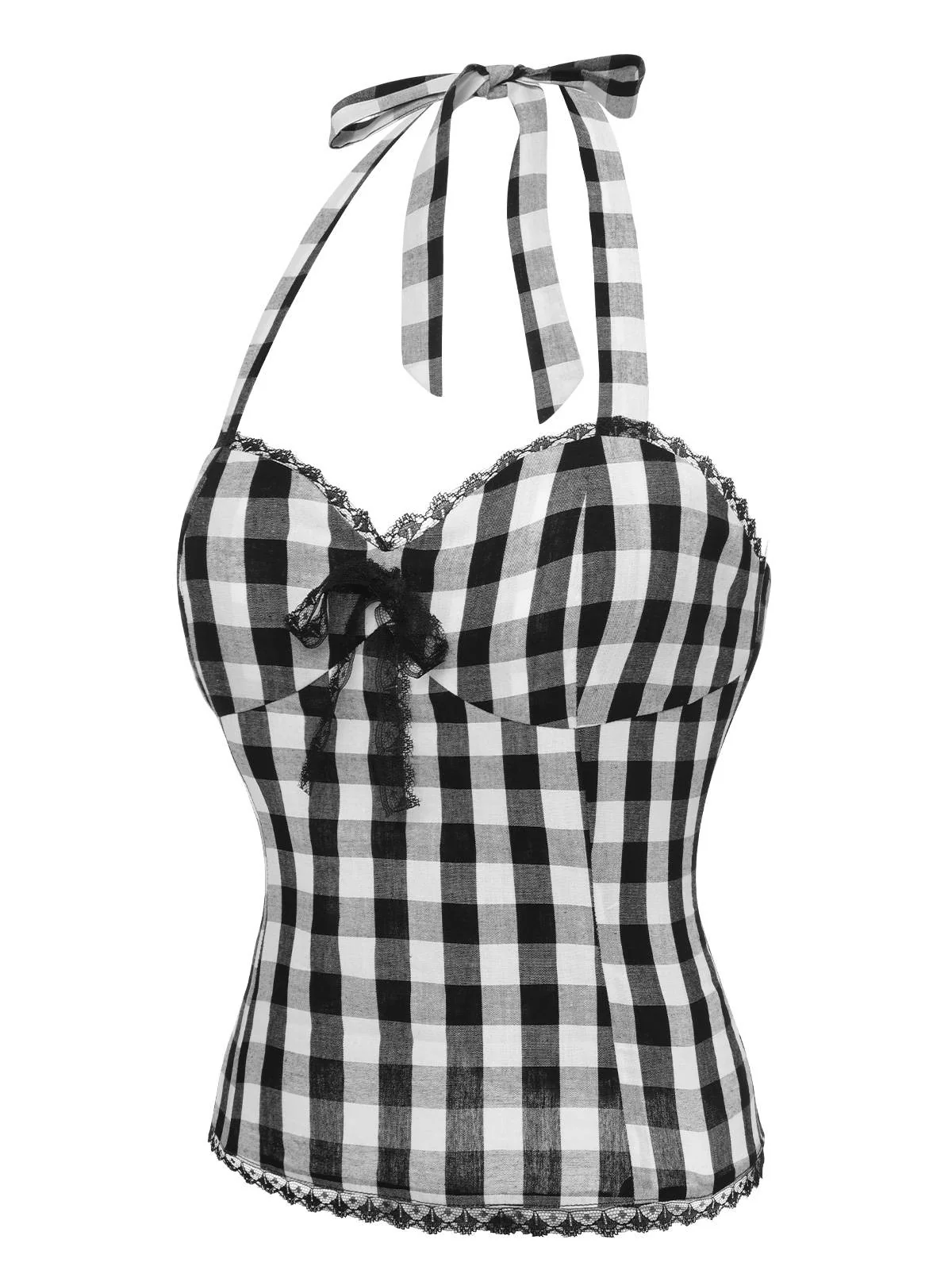 Black 1950s Plaid Halter Lace Bow Top - Image 3