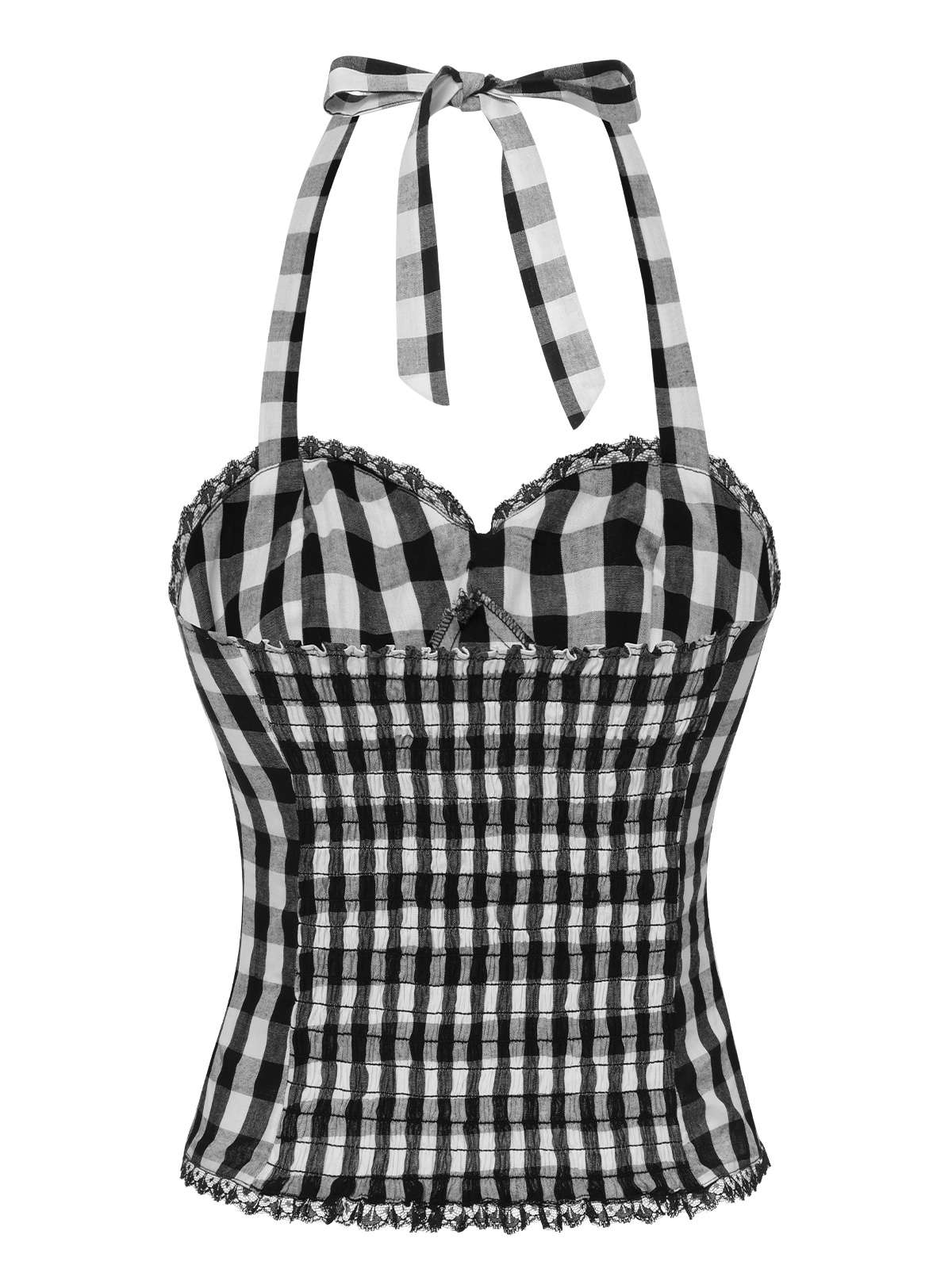 Black 1950s Plaid Halter Lace Bow Top - Image 4