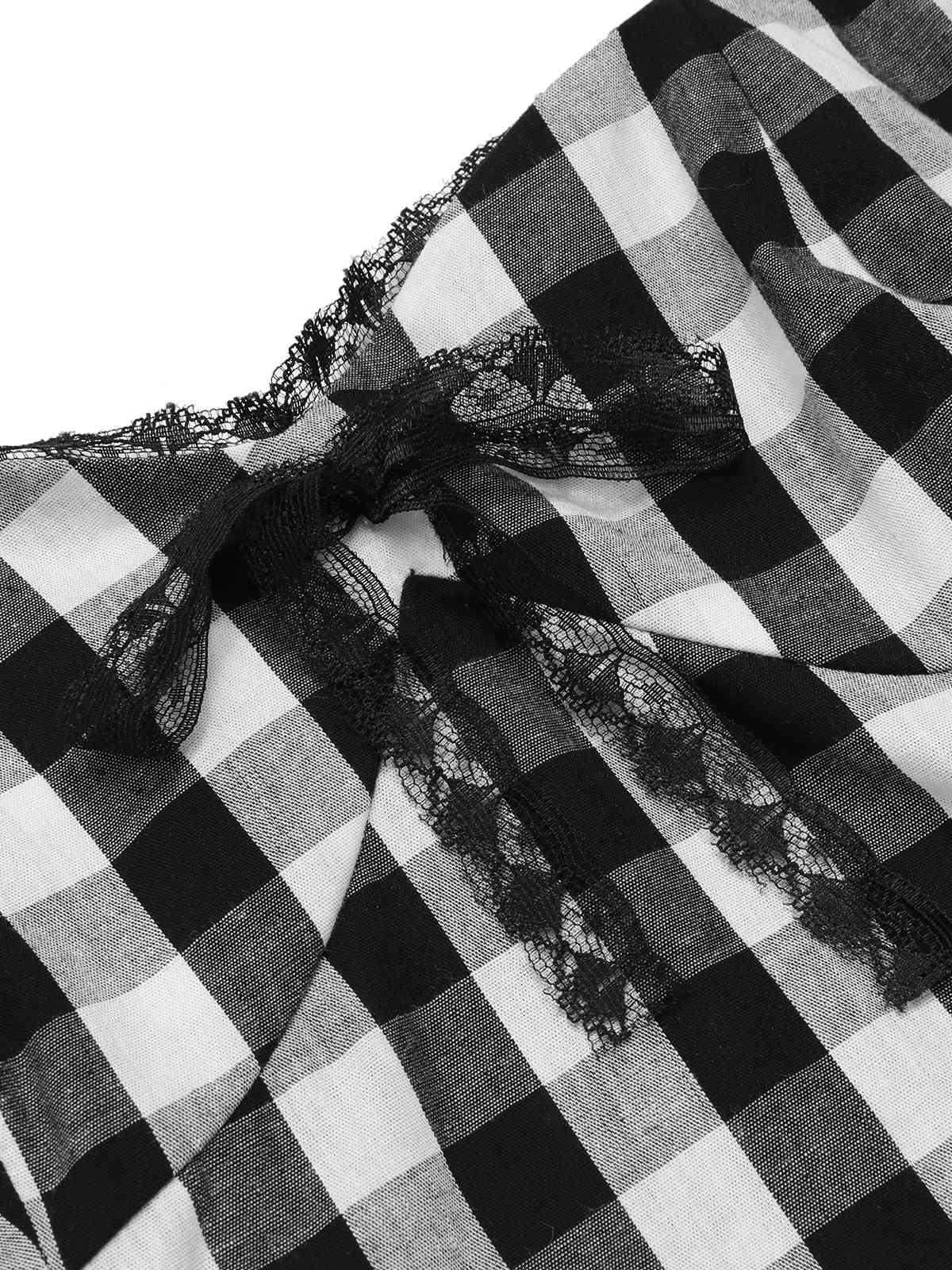 Black 1950s Plaid Halter Lace Bow Top - Image 5