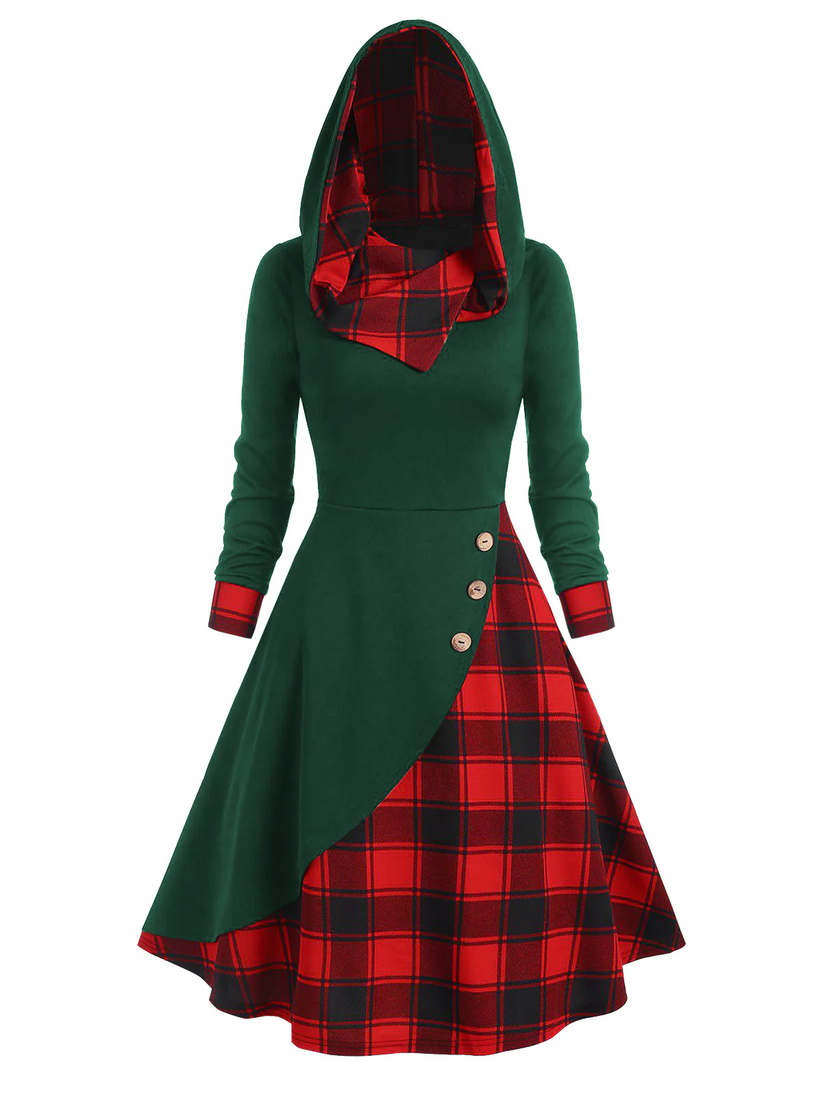 Black 1950s Plaid Hooded Button Dress - Image 5