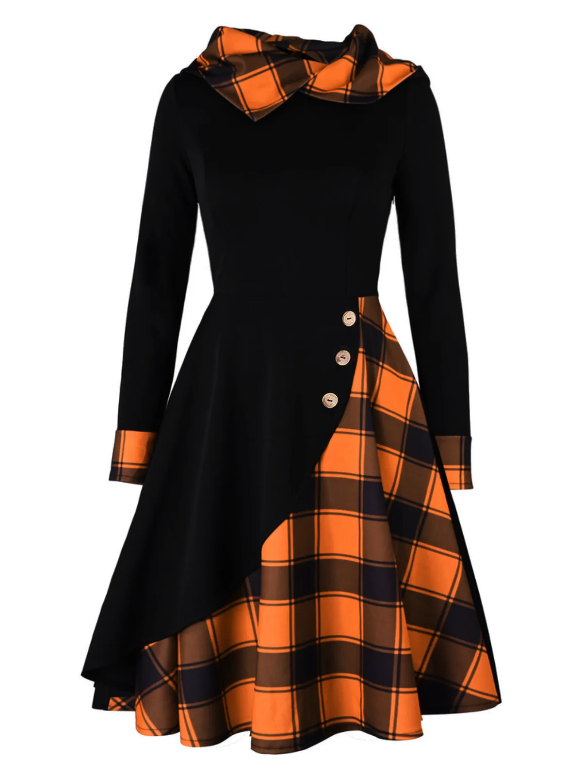 Black 1950s Plaid Hooded Button Dress - Image 6