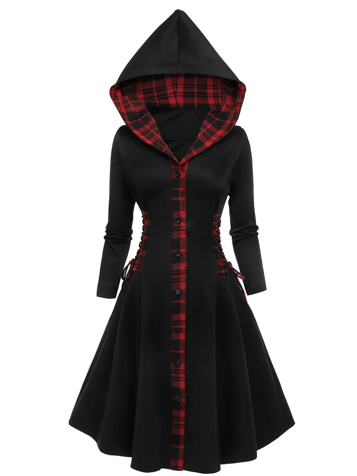 Black 1950s Plaid Hooded Swing Dress - Image 2
