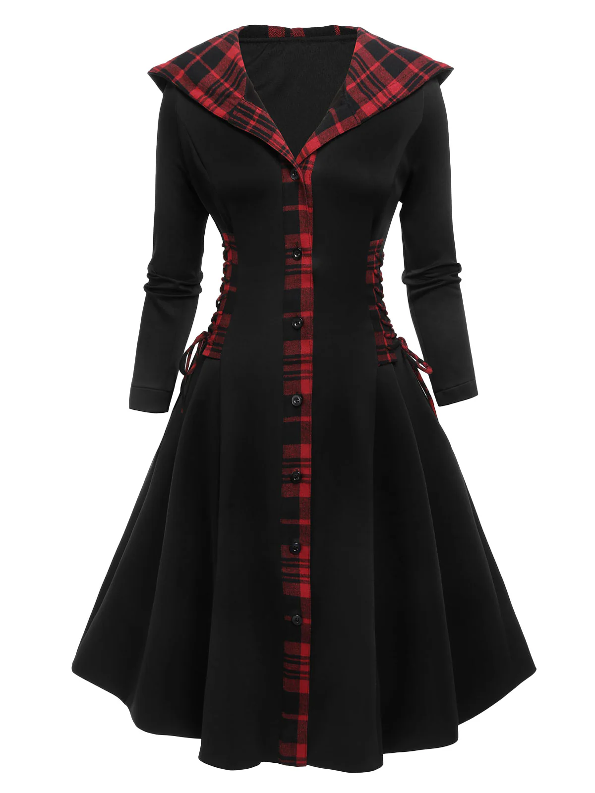Black 1950s Plaid Hooded Swing Dress - Image 3