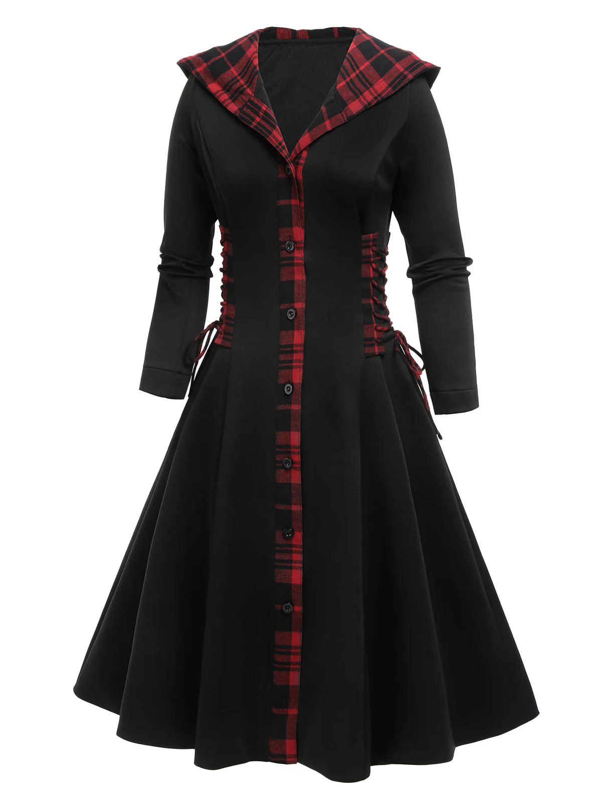 Black 1950s Plaid Hooded Swing Dress - Image 4